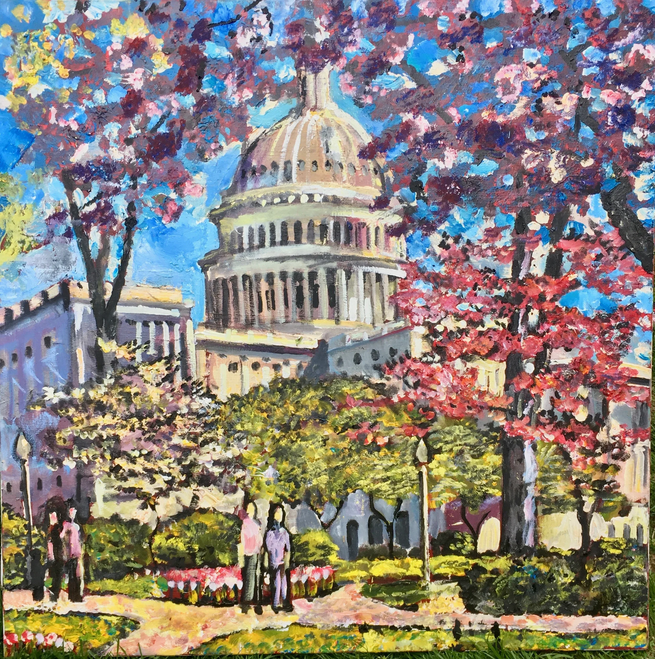 A vibrant impressionist painting of cherry blossom trees in bloom with a domed government building in the background under a blue sky.
