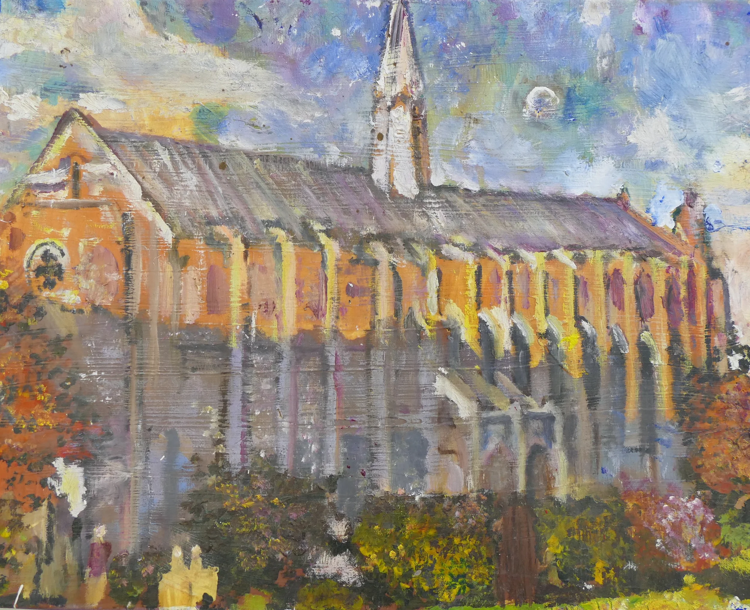 A colorful impressionist painting of a church with a tall steeple, adjacent to a building with an arched window, reflecting in a body of water below.