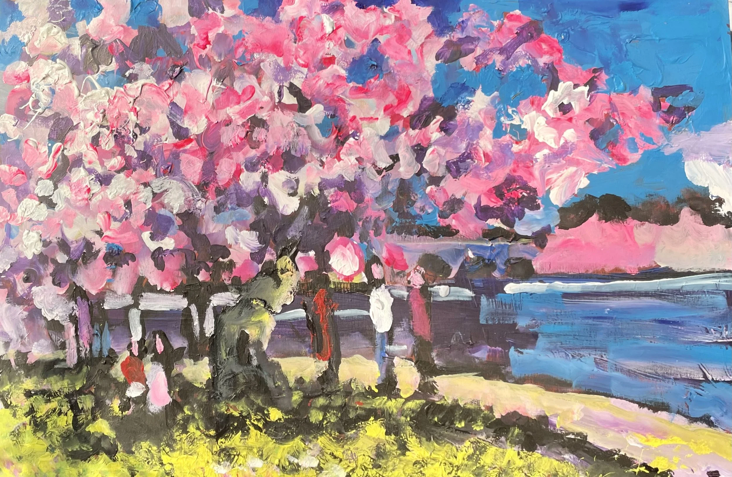 An abstract painting of a tree with pink and purple blossoms against a blue sky, with a yellow ground and some darker distant trees.