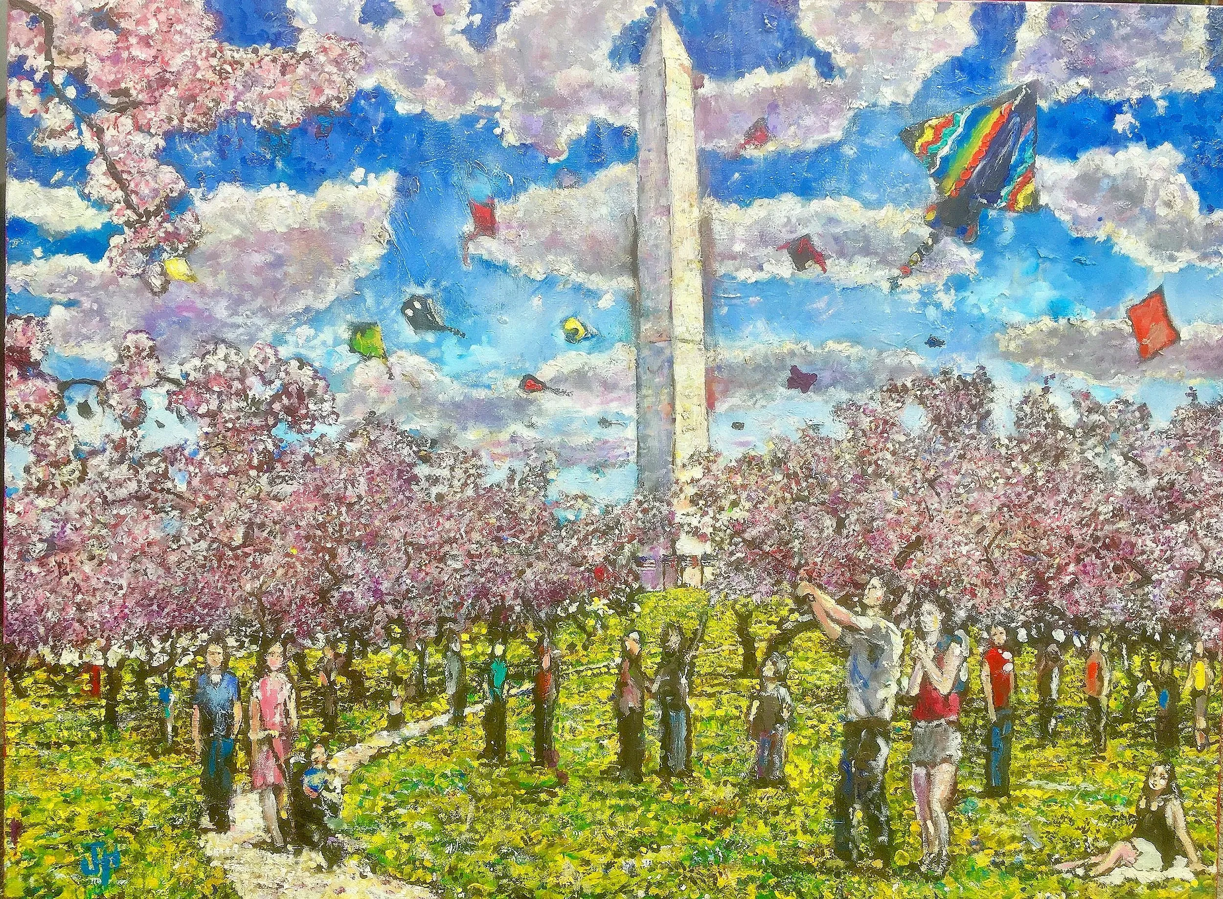 A vibrant painting of people under blooming cherry blossom trees, with kites flying in a bright blue sky, and a monument in the background. The scene depicts a lively outdoor gathering.