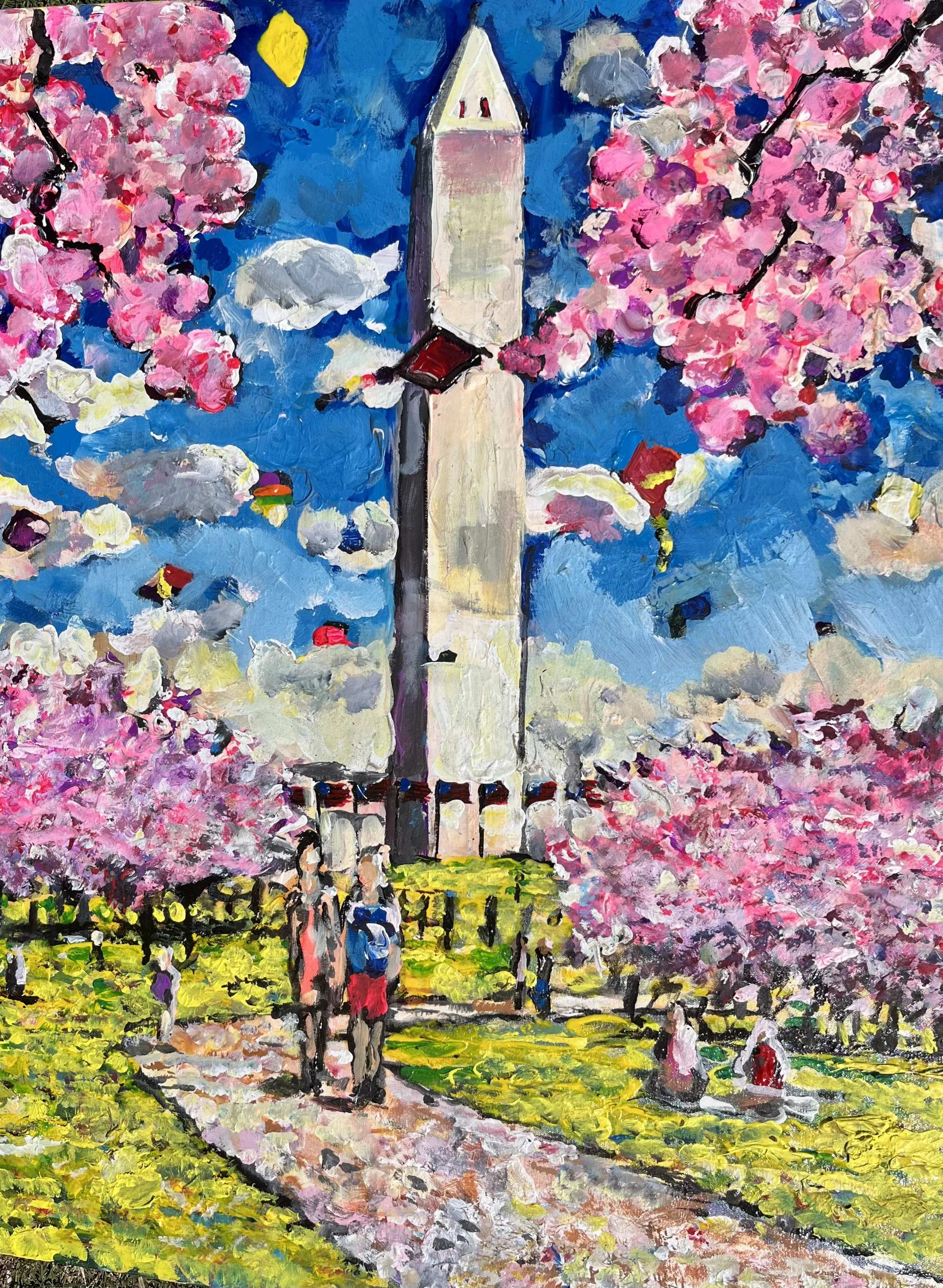 An impressionistic painting of a park scene with pink cherry blossom trees, a pathway, a white monument or building, a bright yellow flower, and a blue sky with some clouds and a yellow sun.
