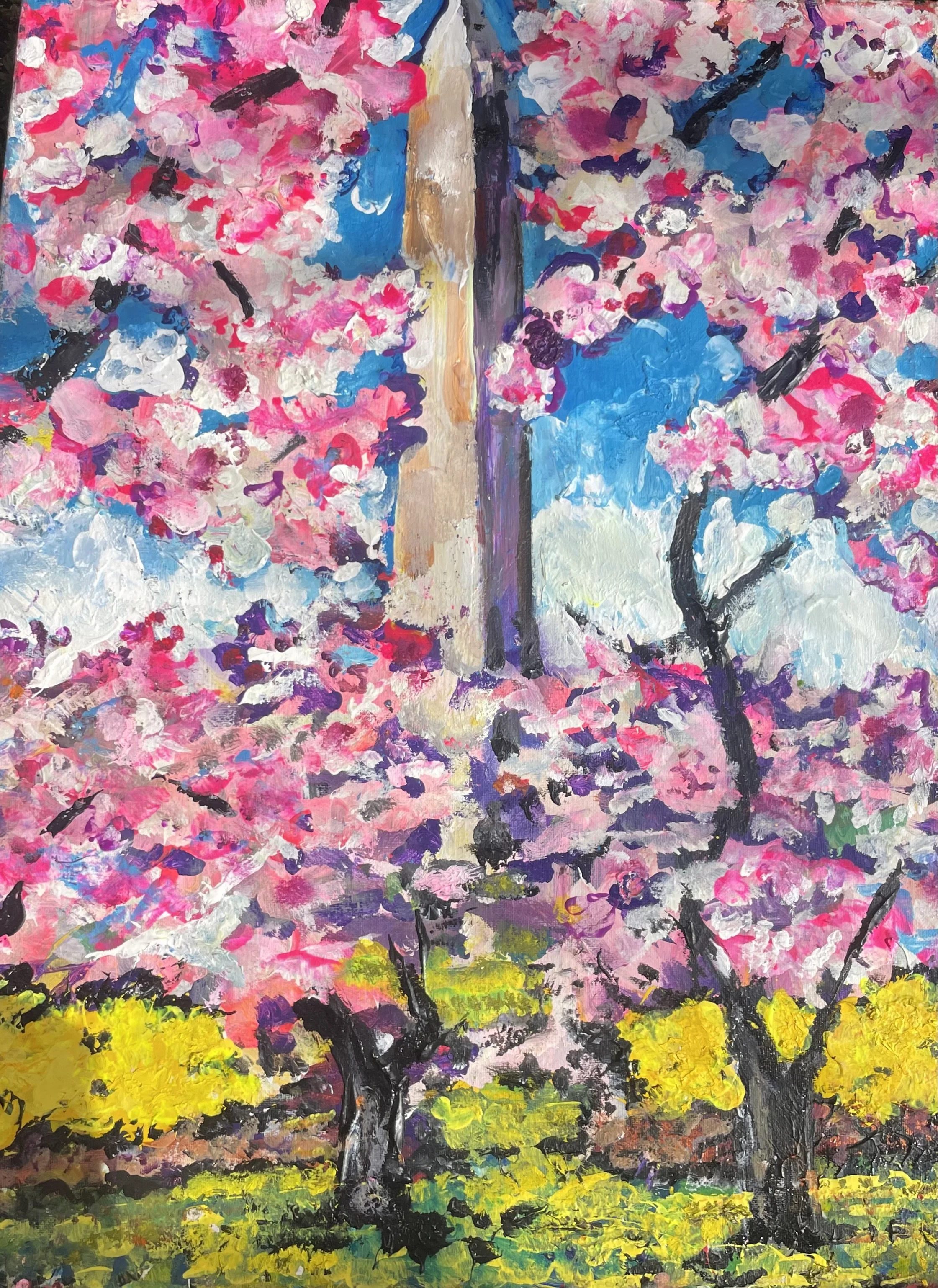 Impressionist painting of a vibrant spring landscape with pink cherry blossom trees, a pathway, and a landscape with colorful yellow flowers at the bottom.