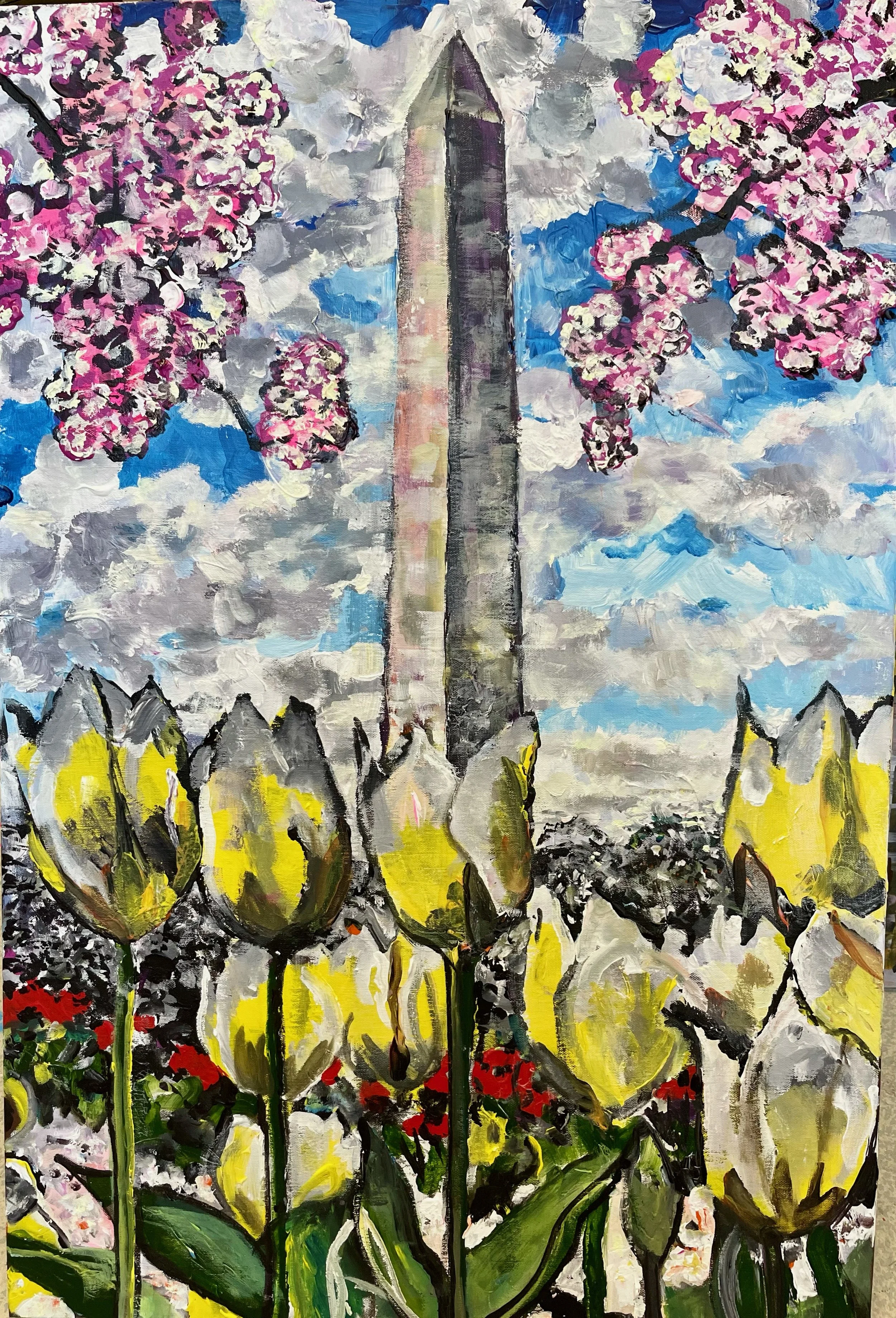 An impressionistic painting of pink cherry blossoms, yellow tulips, and green foliage against a cloudy sky.