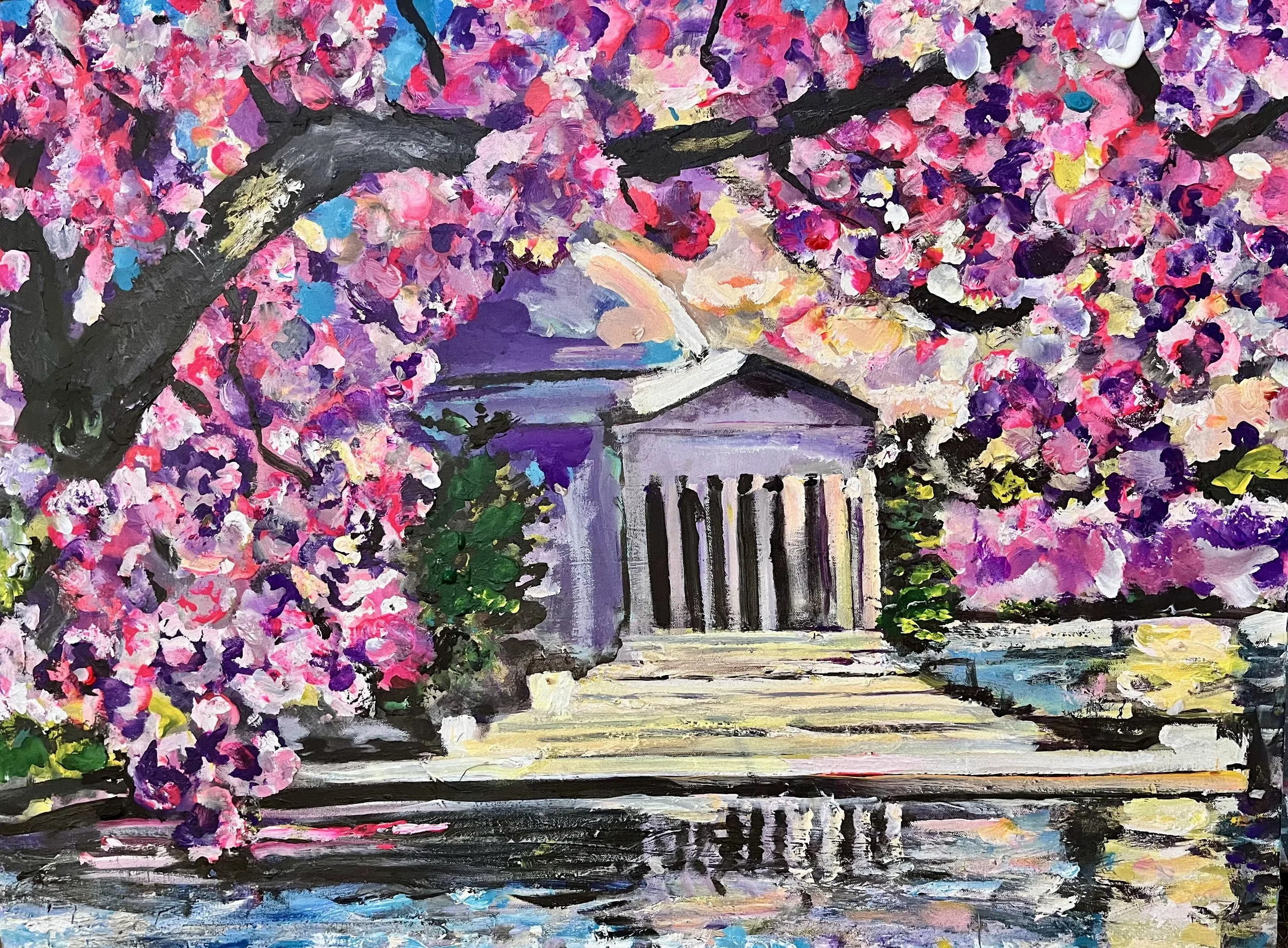 Impressionist painting depicting cherry blossoms, a house with columns, and a body of water with reflections.
