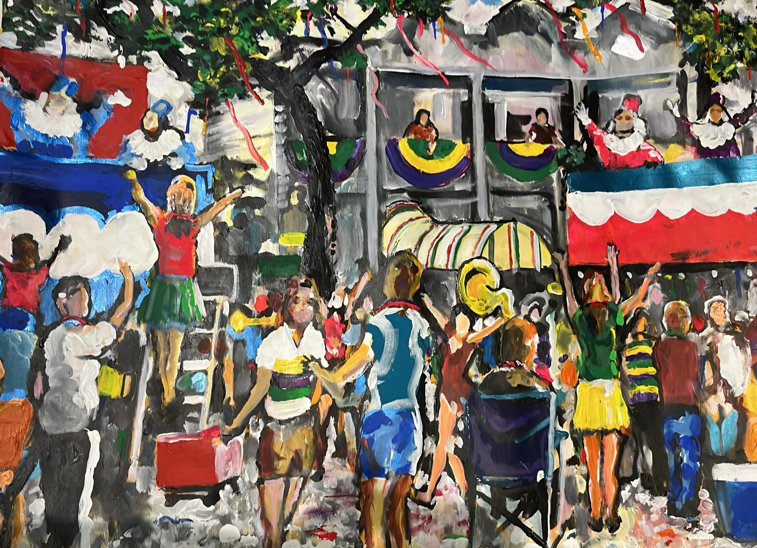 A lively crowd at an outdoor festival with colorful booths and banners. People are dancing and socializing under trees, with some wearing festive costumes and accessories.