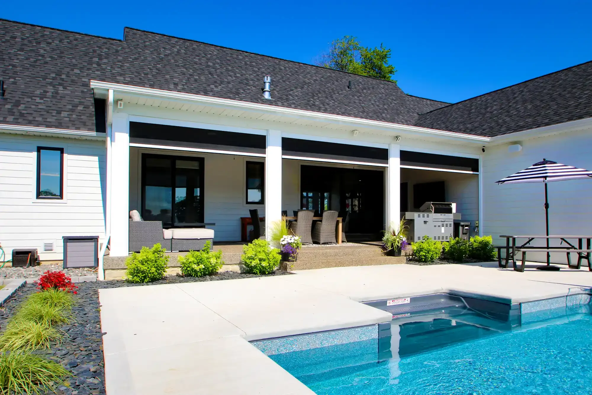 Backyard with swimming pool, patio furniture, umbrella, and house with patio and garden near a clear blue sky.