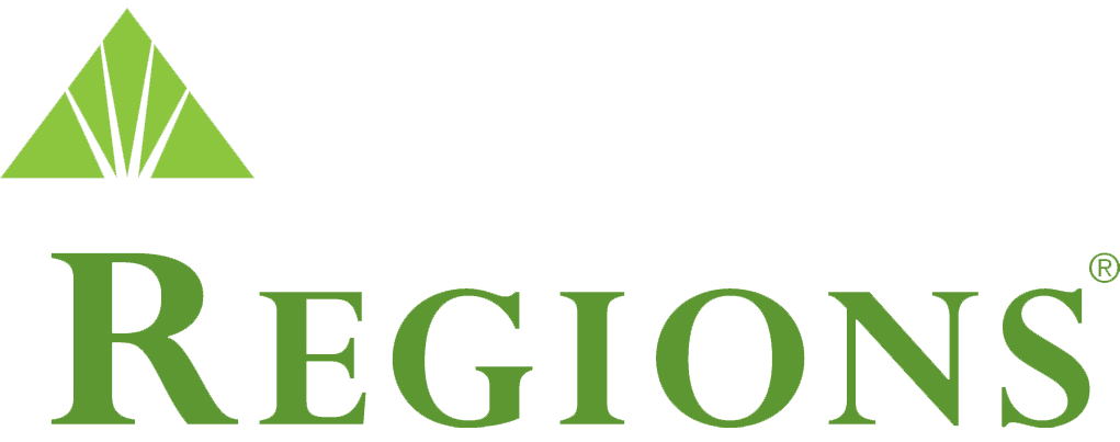 Logo of Regions bank with a stylized green triangular shape above the bank name.