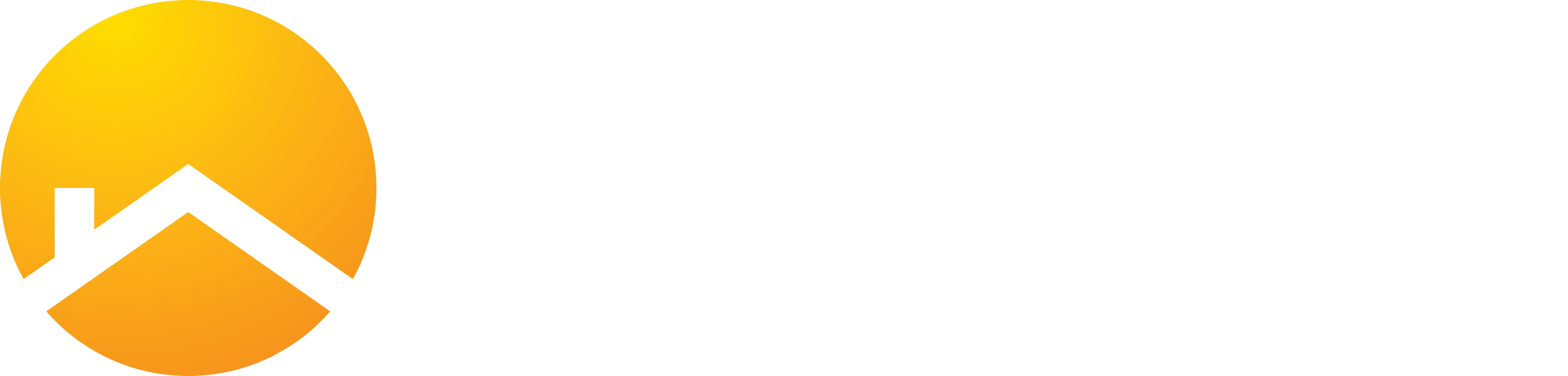 Logo with an orange sun and white abstract mountain and line design.