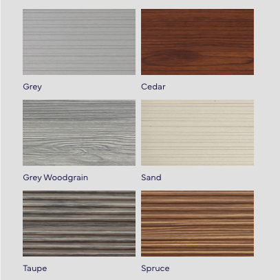 Six sample wood textures labeled Grey, Cedar, Grey Woodgrain, Sand, Taupe, and Spruce.