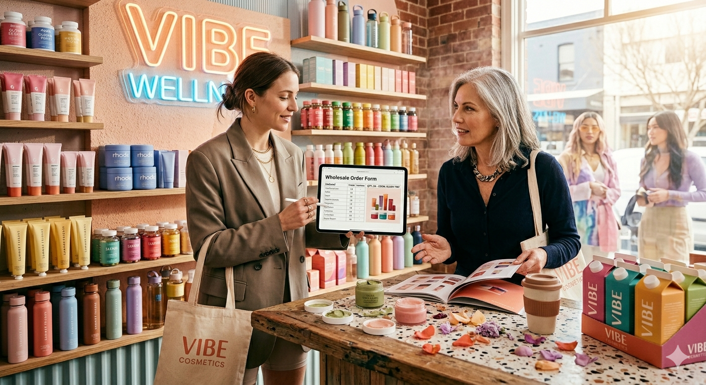 Two women are talking inside a store labeled VIBE WELLNESS, with shelves full of colorful skincare and wellness products. The woman on the left is holding a tablet displaying a wholesale order form, while the woman on the right is handing her a brochure. The store has a rustic wooden counter with various small containers, and outside the shop, two women are looking in through the window.