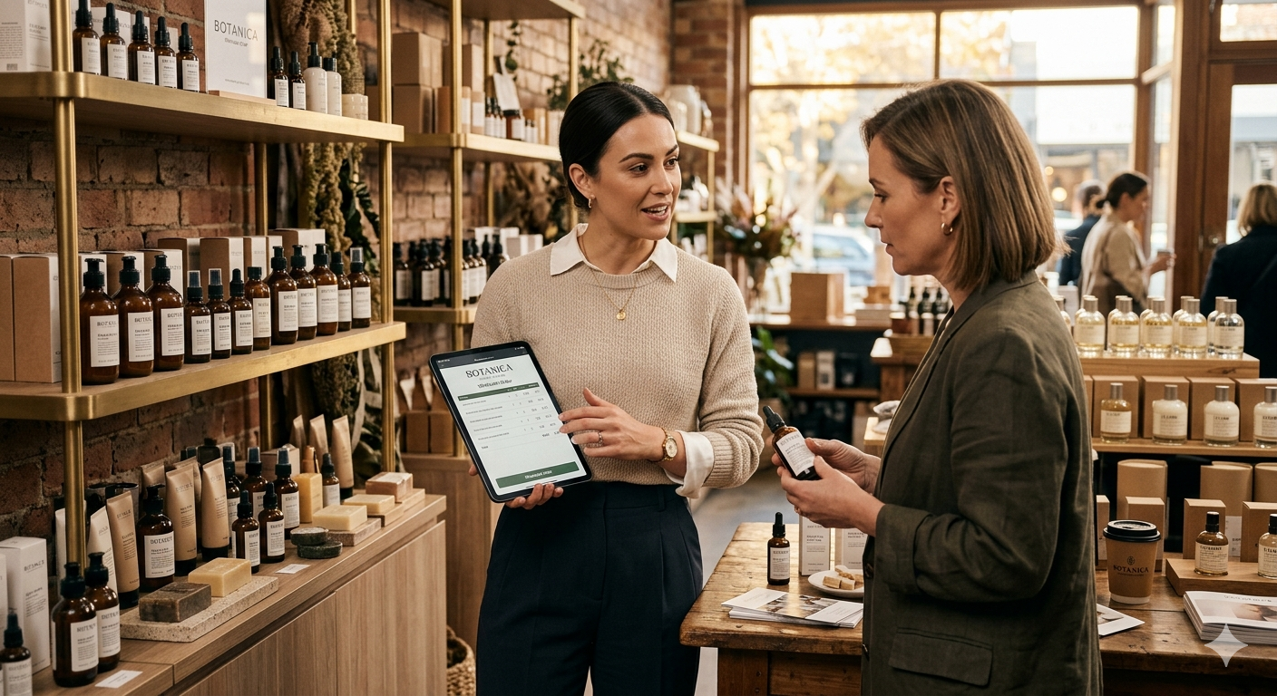 Two women inside a natural skincare shop, one showing the other a tablet with a product list, while holding a small bottle of skincare product. The store has shelves with skincare items and brick walls.