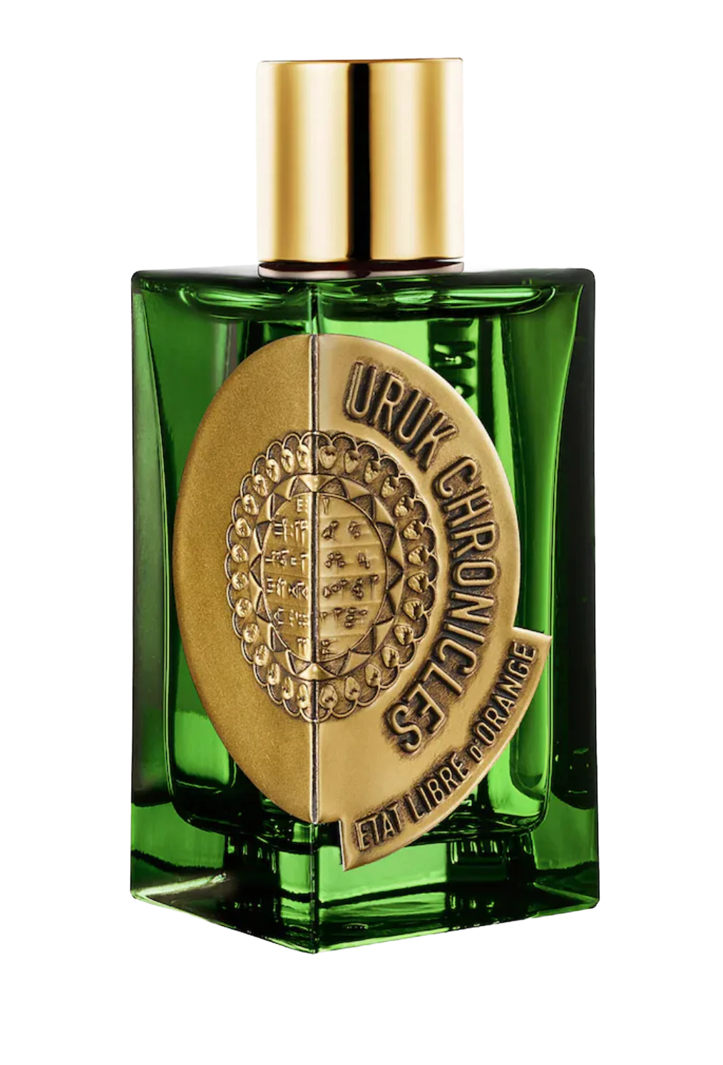A green perfume bottle with a gold cap and a gold emblem on the front displaying the brand name 'Uruuk Chropic' and the phrase 'Eau Libre d'Orange'.