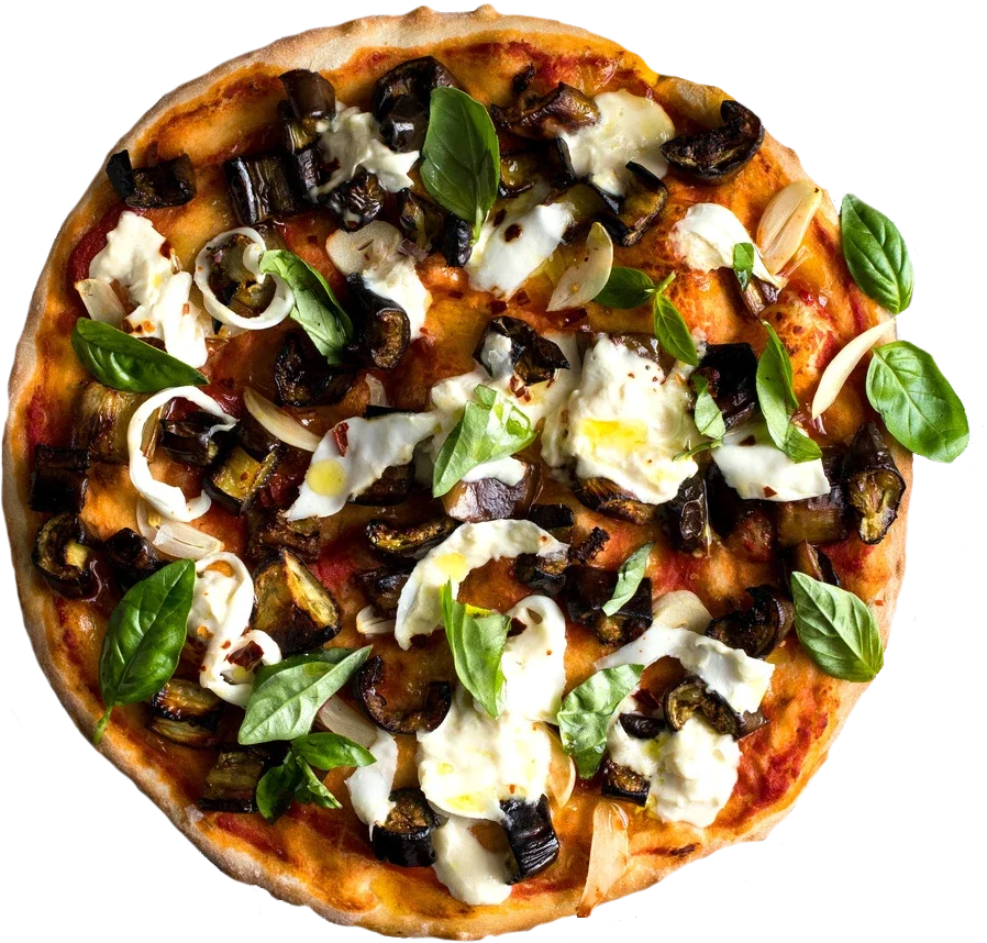 MONTI La Vita la Pizza mit Auberginen, Mozzarella, Basilikum, Zwiebeln und Tomatensauce.