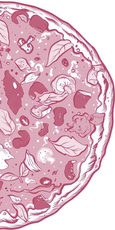 Abstrakte Illustration einer MONTI La Vita la Pizza in Rosa und Schwarz.