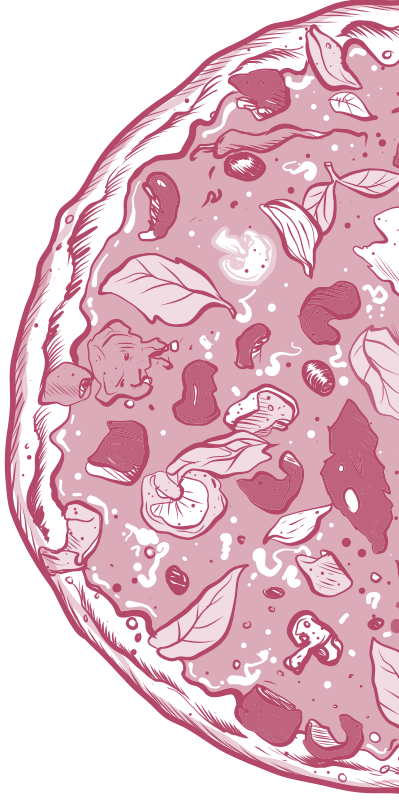 Abstrakte Illustration einer MONTI La Vita la Pizza in Rosa und Schwarz.