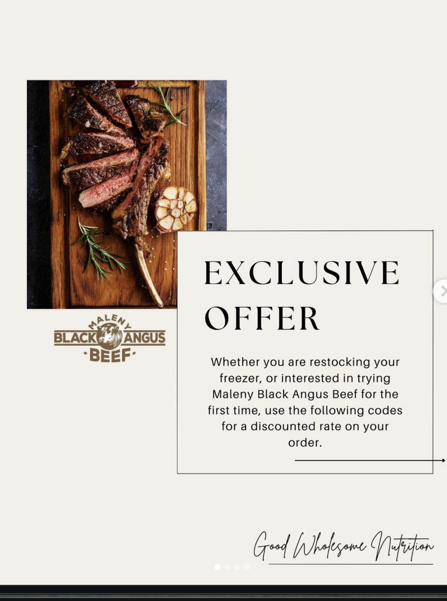 Promotional flyer for Maleny Black Angus Beef offering a discount code for first-time orders, featuring an image of cooked steak garnished with herbs and garlic on a wooden cutting board.