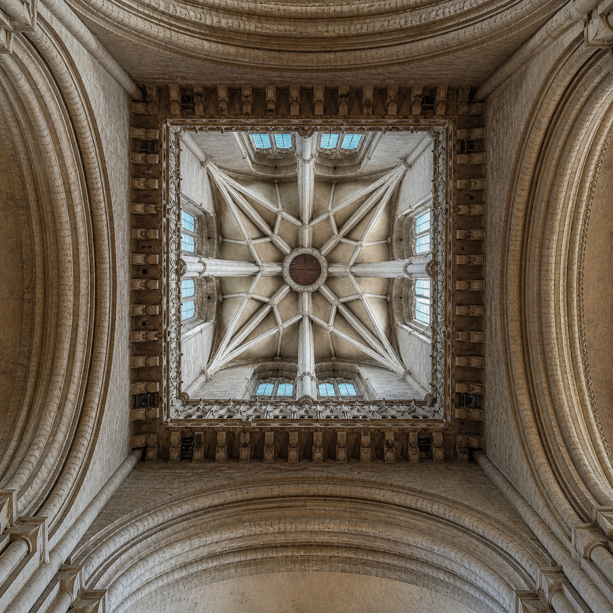 View of a cathedral ceiling with intricate Gothic-style ribs and tracery, stained glass windows, and stone arches.
