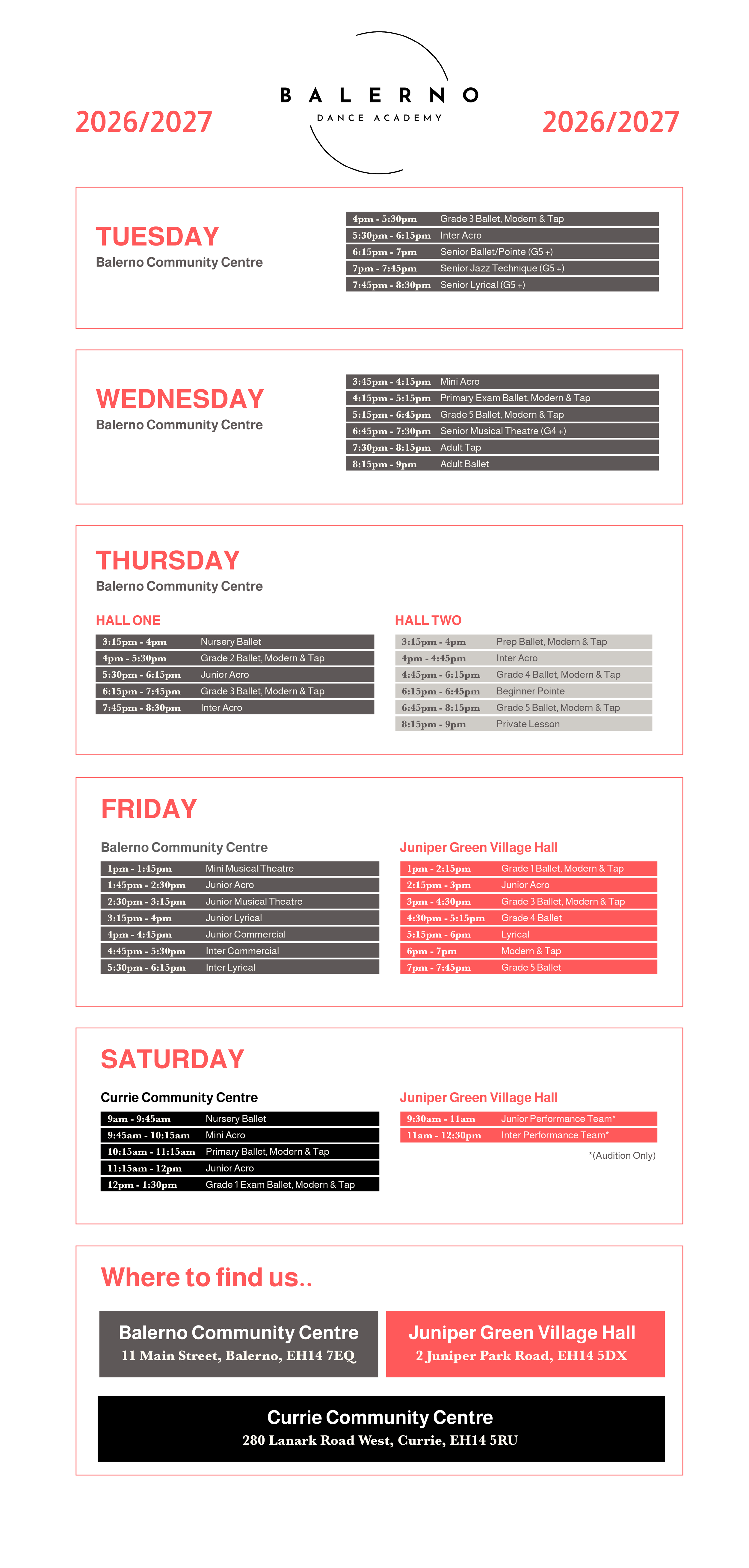 Dance academy timetable for the 2026/2027 year with schedules for classes Monday through Saturday, held at different community centers and hall locations, including class times for ballet, tap, jazz, lyrical, acro, musical theatre, and performance teams.