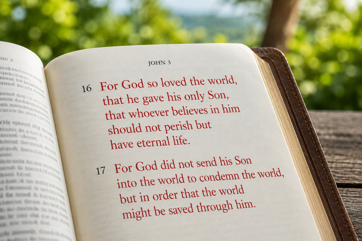 Open Bible page showing John 3:16-17 in red text, outdoors on a wooden surface with out-of-focus green foliage in the background.