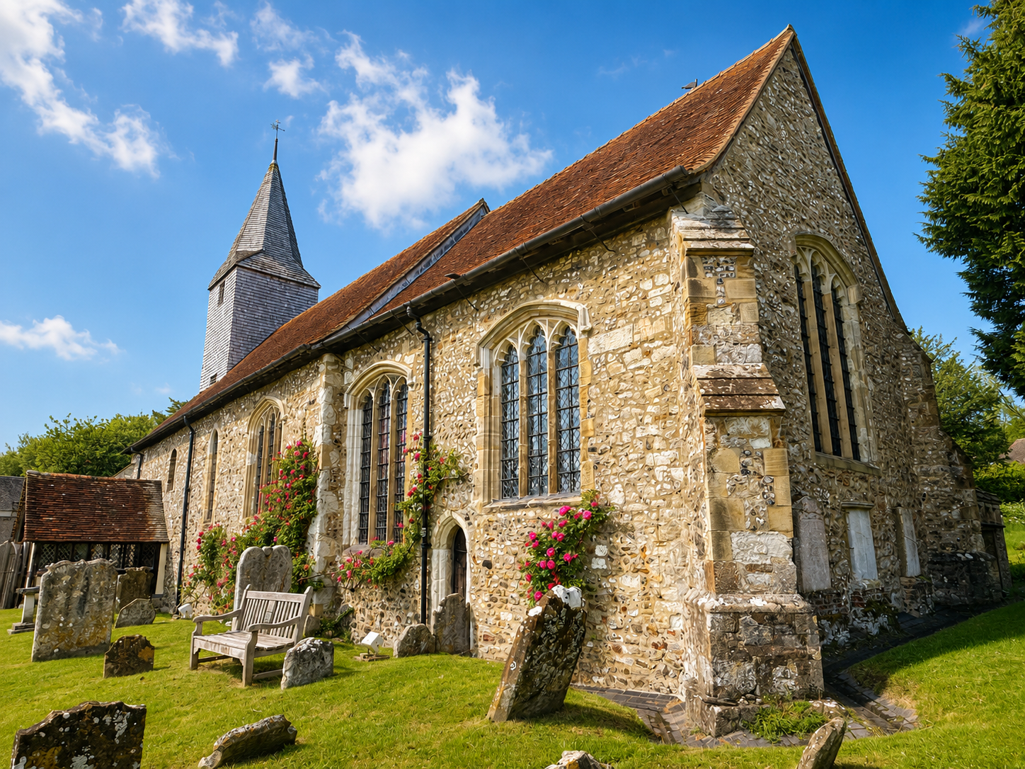Stone church with stained glass windows, a steeple, and graveyard with headstones in front, under a blue sky with clouds.