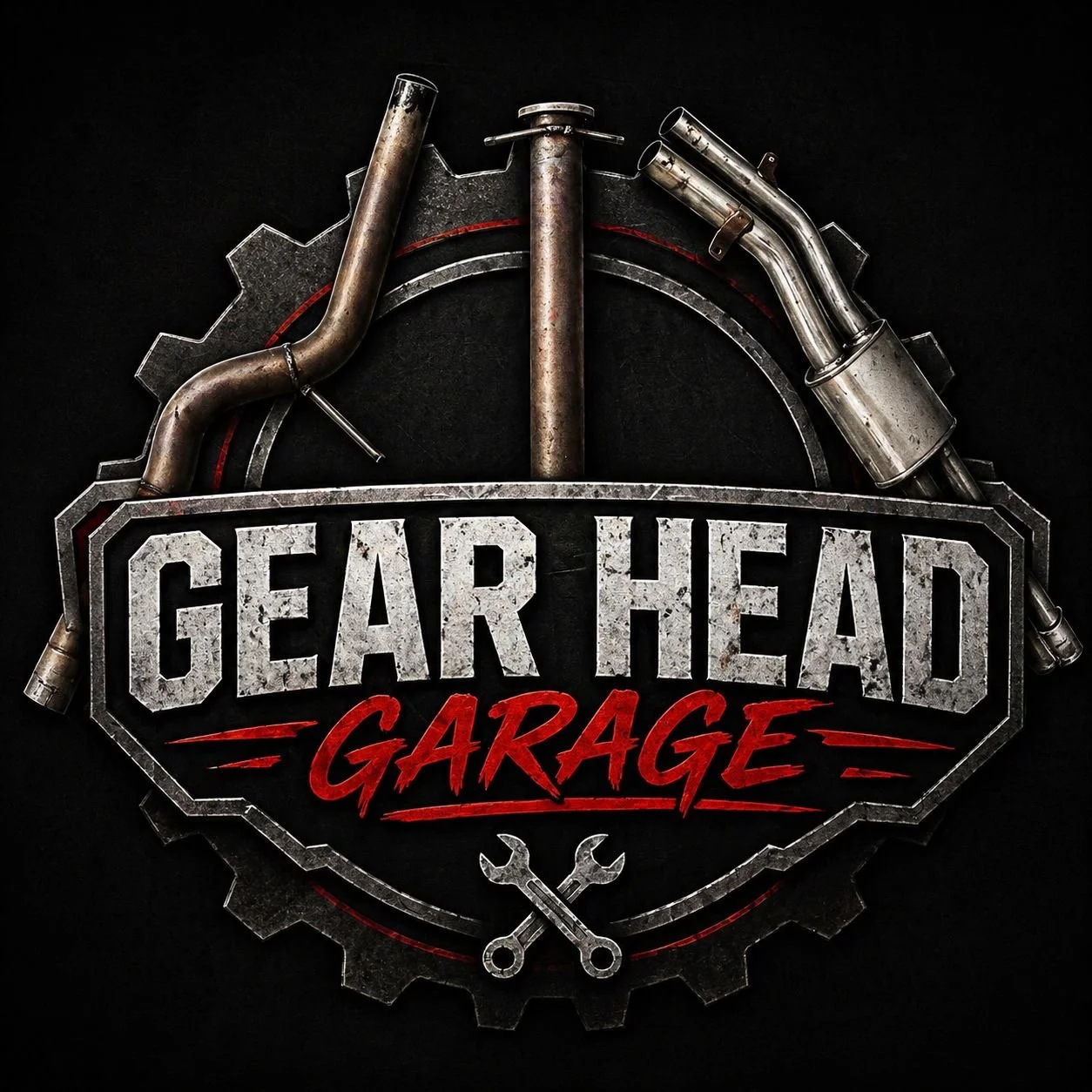 A logo for Gear Head Garage featuring metallic pipes and gears with bold text.