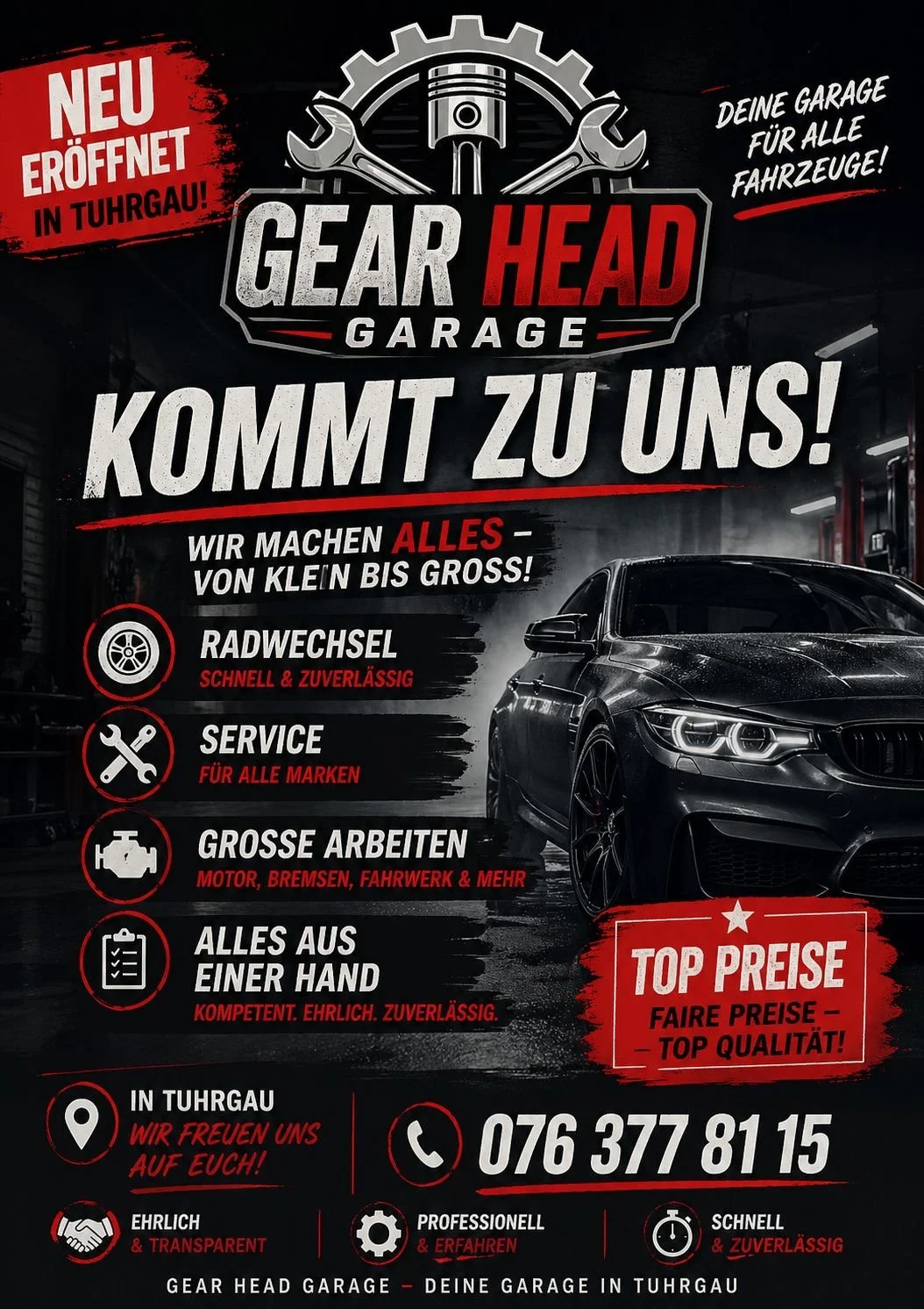 Poster for Gear Head Garage in Tuhrgau, advertising auto services. Features a black car on the right, with gear and wrench graphics at the top. Highlights include tire change, service for all brands, major repairs, and all from one source. Contact number and location details. Red and white text on a black background.
