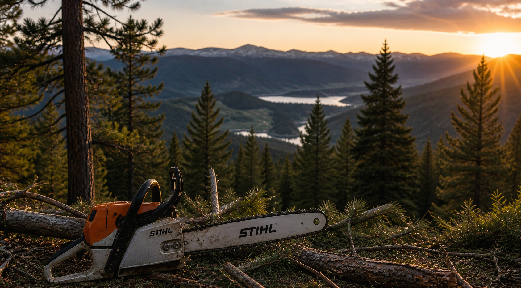 Chainsaw lying on the ground among fallen branches in a forest at sunset, with a mountain range and lake in the background.