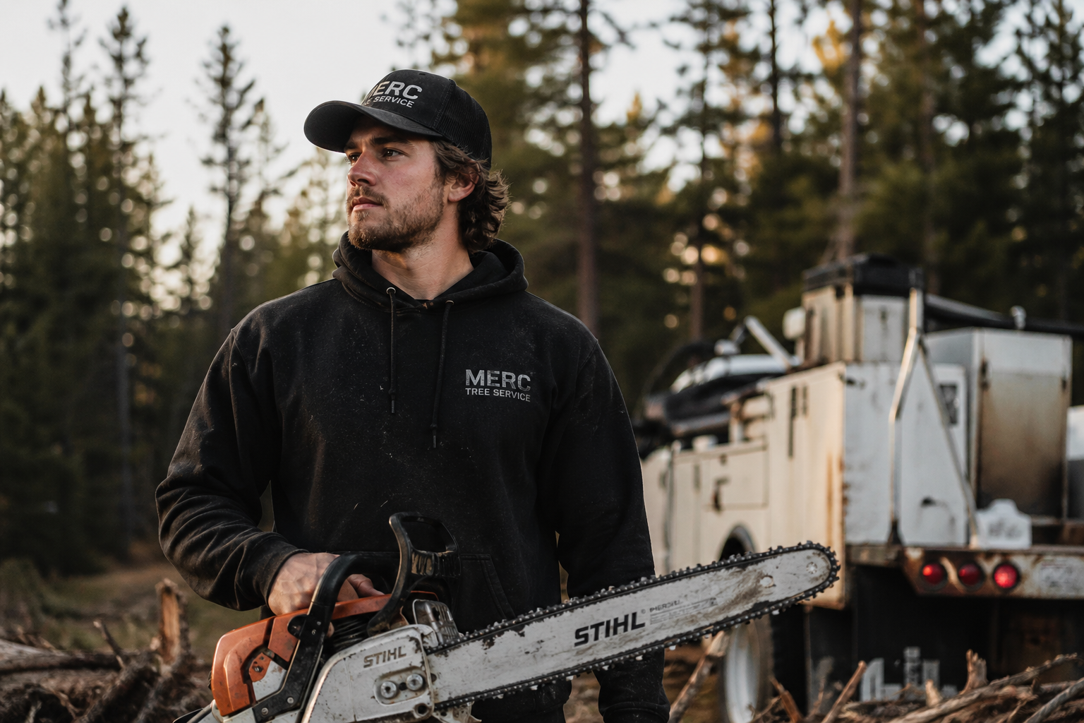 A man standing outdoors in a wooded area holding a chainsaw, wearing a black hoodie and a black cap. The hoodie has the words 'MERC Tree Service' on it, and there is a tree service truck in the background.