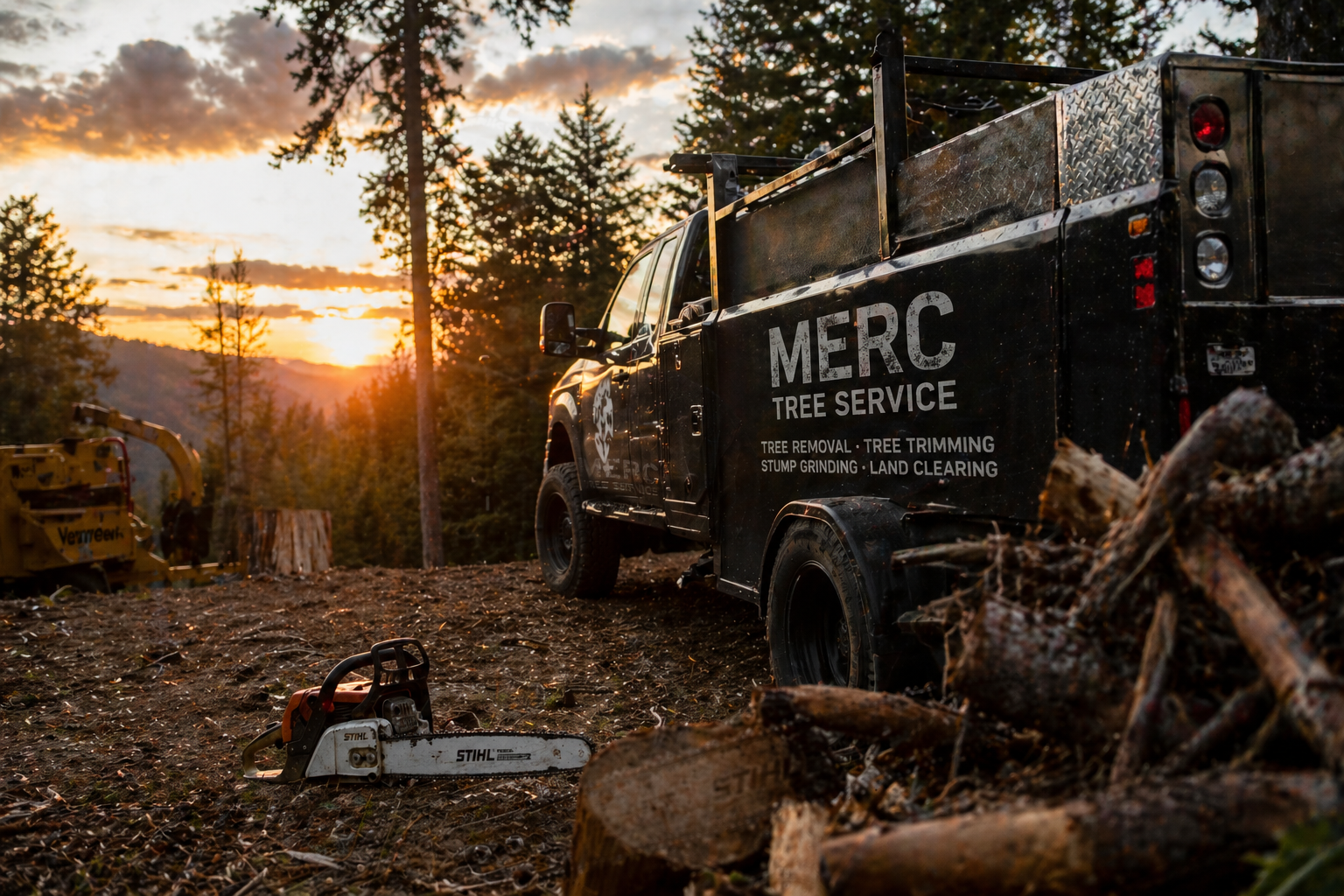 Tree service truck parked in a forest clearing at sunset with chainsaw on the ground nearby.