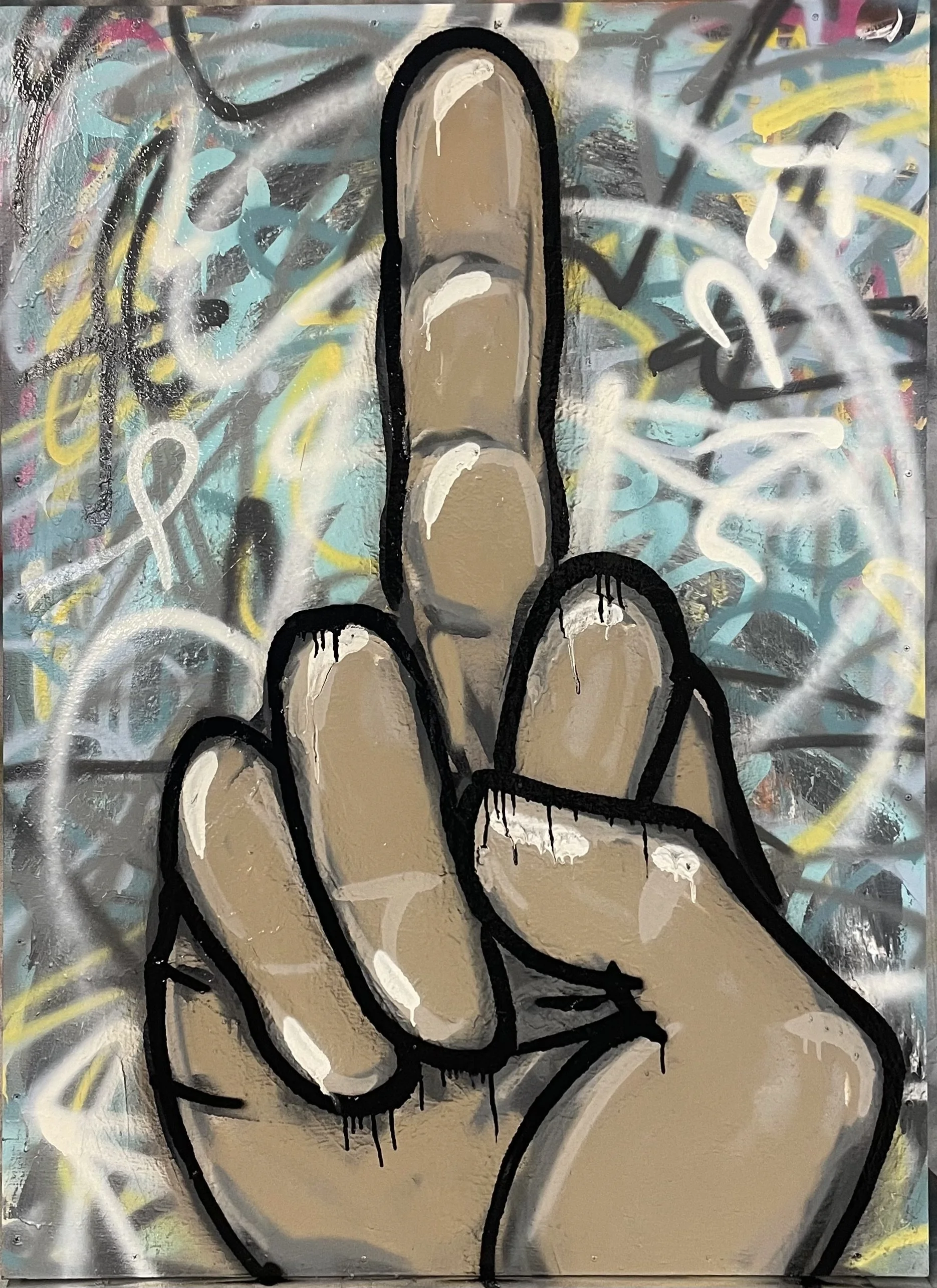 COLLECTED
from me to you
32 x 48 paint on wood panel… sometimes it is just fun to flip the bird... again in some sense it's just a hand gesture and the joy of pushing buttons and smiling while being a bit naughty just makes me feel good. It's also fu
