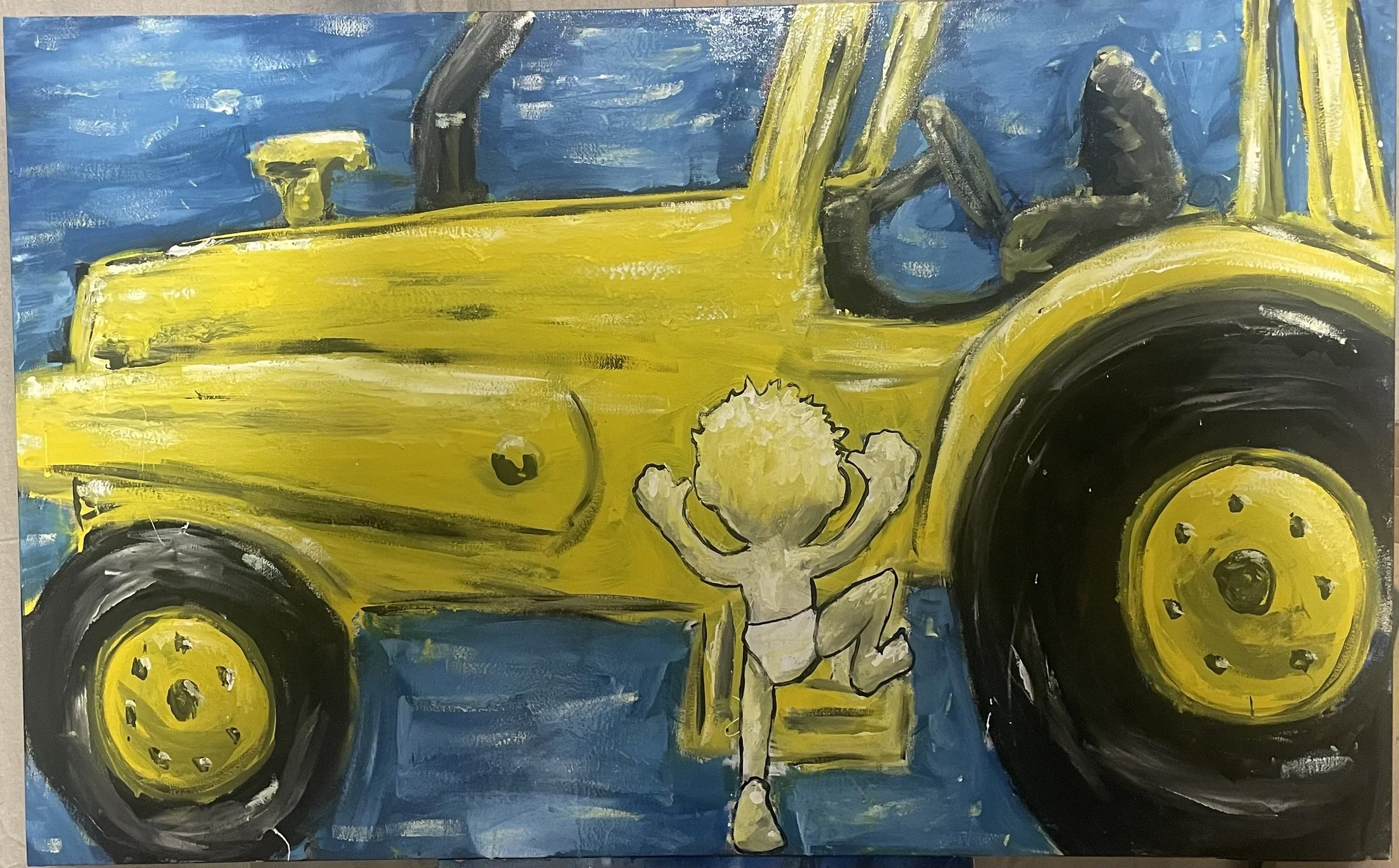 i cant wait									30” x 48” paint on canvas… When I was very young my dad used to take me to his construction yard and let me play on the tractors. I have vivid and fond memories of exploring, pretending, imagining, climbing, and having so much fun