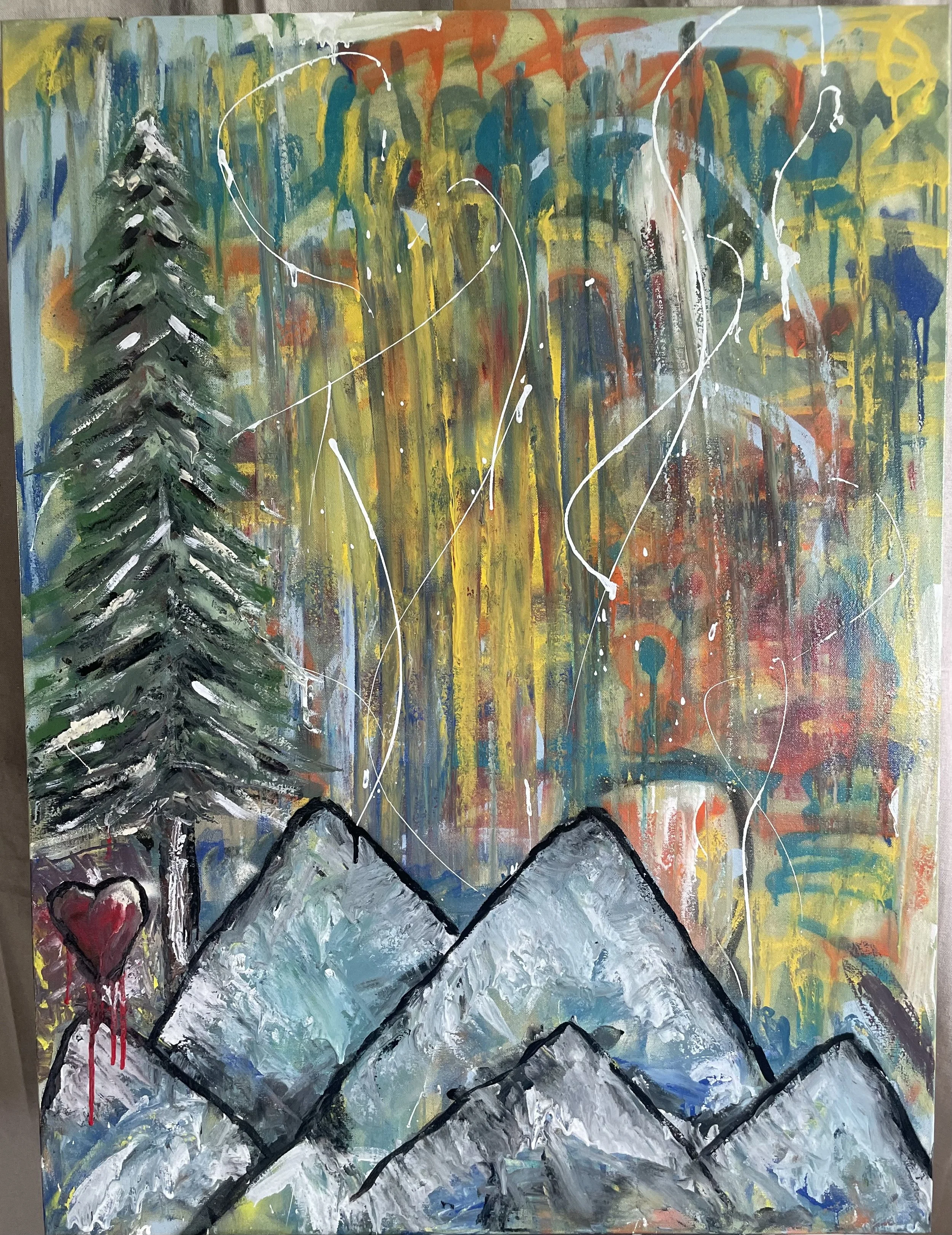AVAILABLE
i love the mountains & Bob Ross warms my heart
30” x 40” paint on canvas… I love the mountains and have been going to them my whole life. I would like to live there someday. Alas, the dreams of being an artist with a mountain studio will ha