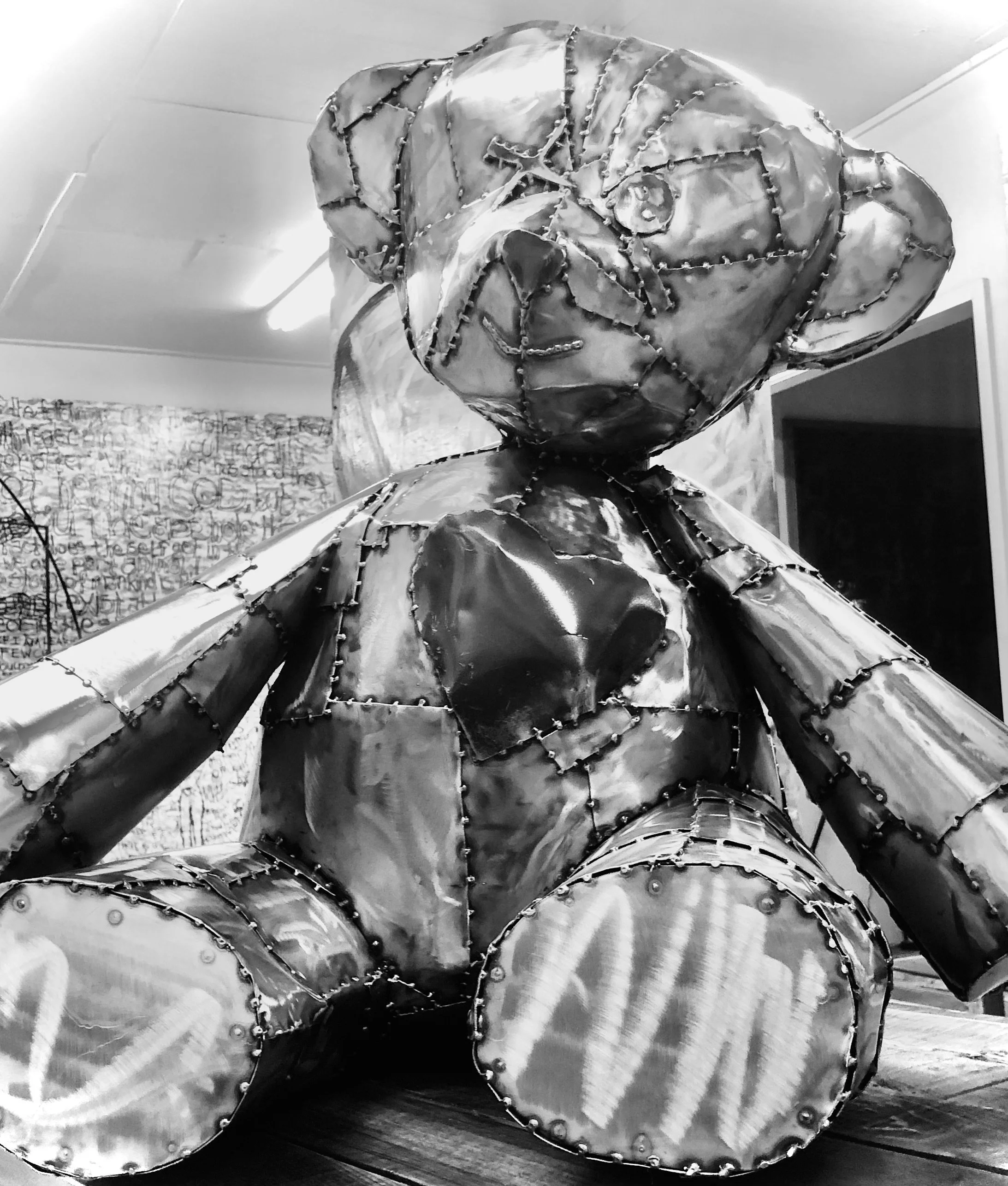 COLLECTED
teddy bear
approx 24" tall steel sculpture
Teddy bears bring us back to a more innocent time and often work as a security blanket for children… which in some ways I still crave the safety of a worn comfortable stuffed animal… regardless of 