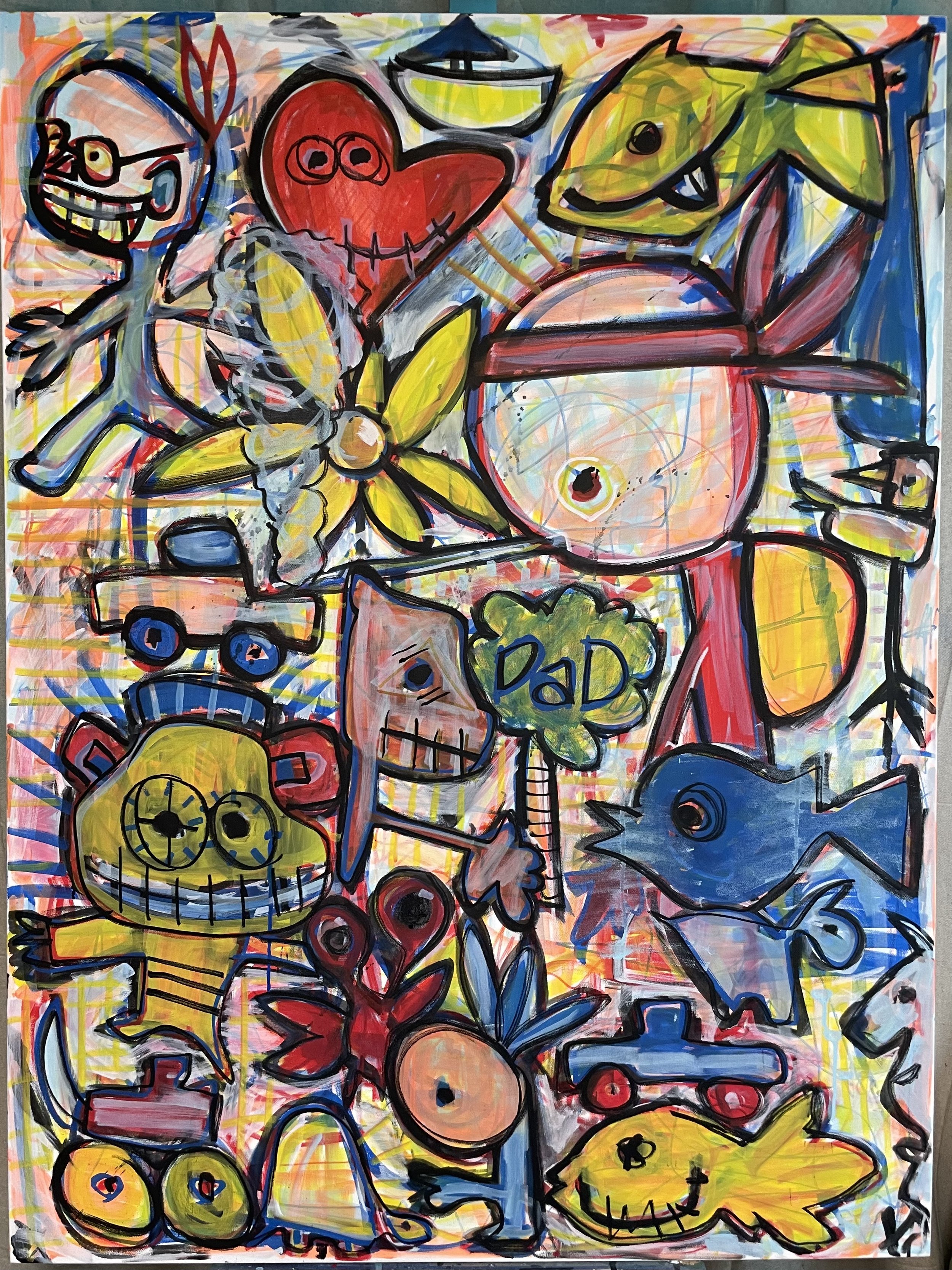 AVAILABLE
one fish two fish									36”x 48” paint pen on canvas… I’m as confused as you but the boy in me loves to play and Dr. Seuss is great. Somehow finding space for the child in me to come out and be safe enough to smile and explore while the w