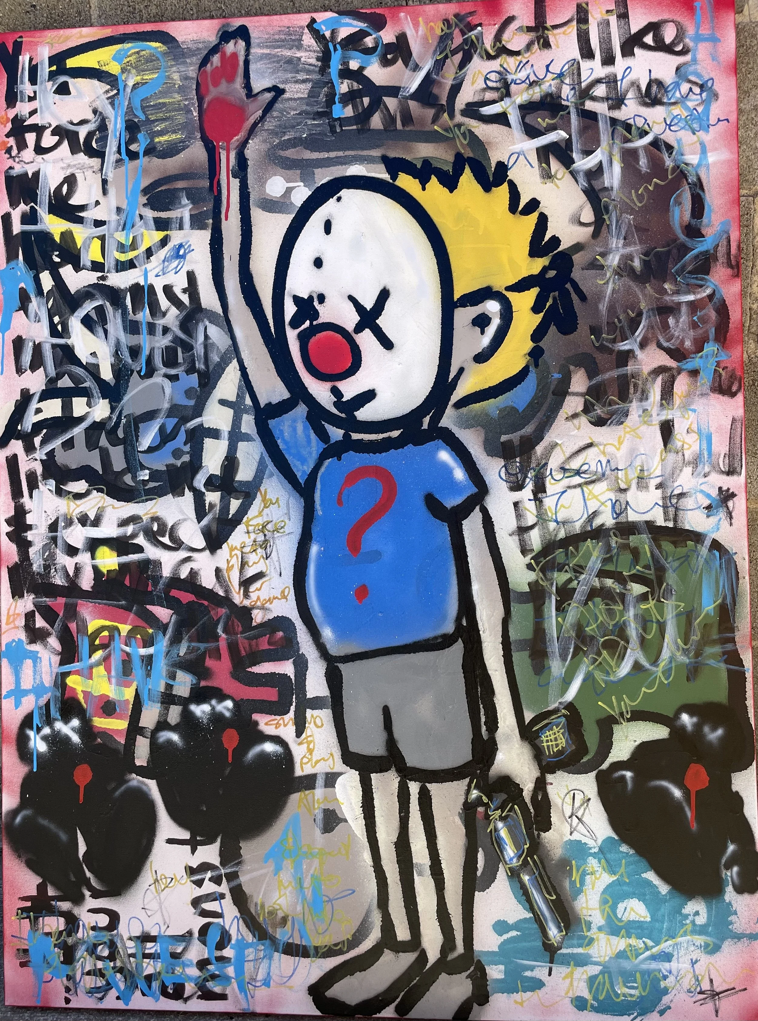COLLECTED
I have a question
36 x 48 painting on canvas... you force me to come here and expect me to put on a smile and swallow your nonsense... worship the chaos and believe your lies.. and you wonder why I am violent to your absurdity and fake ass 