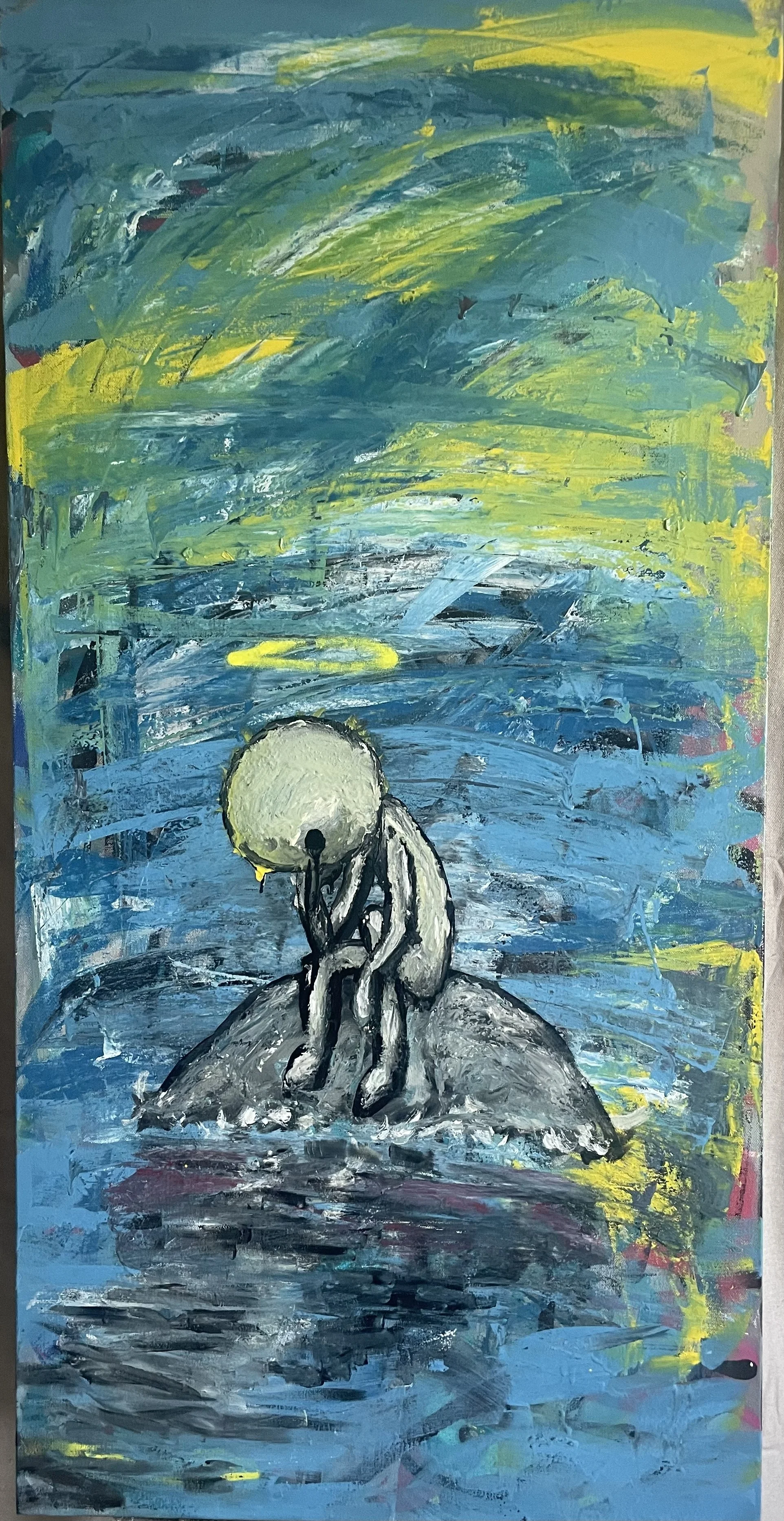 COLLECTED
you are holy										24”x48” paint on canvas.. it’s weirdly difficult to remember that whatever made everything also made us, and therefore if anything is holy so are we. We all magically appeared here, and no baby is unholy.  At our lowes