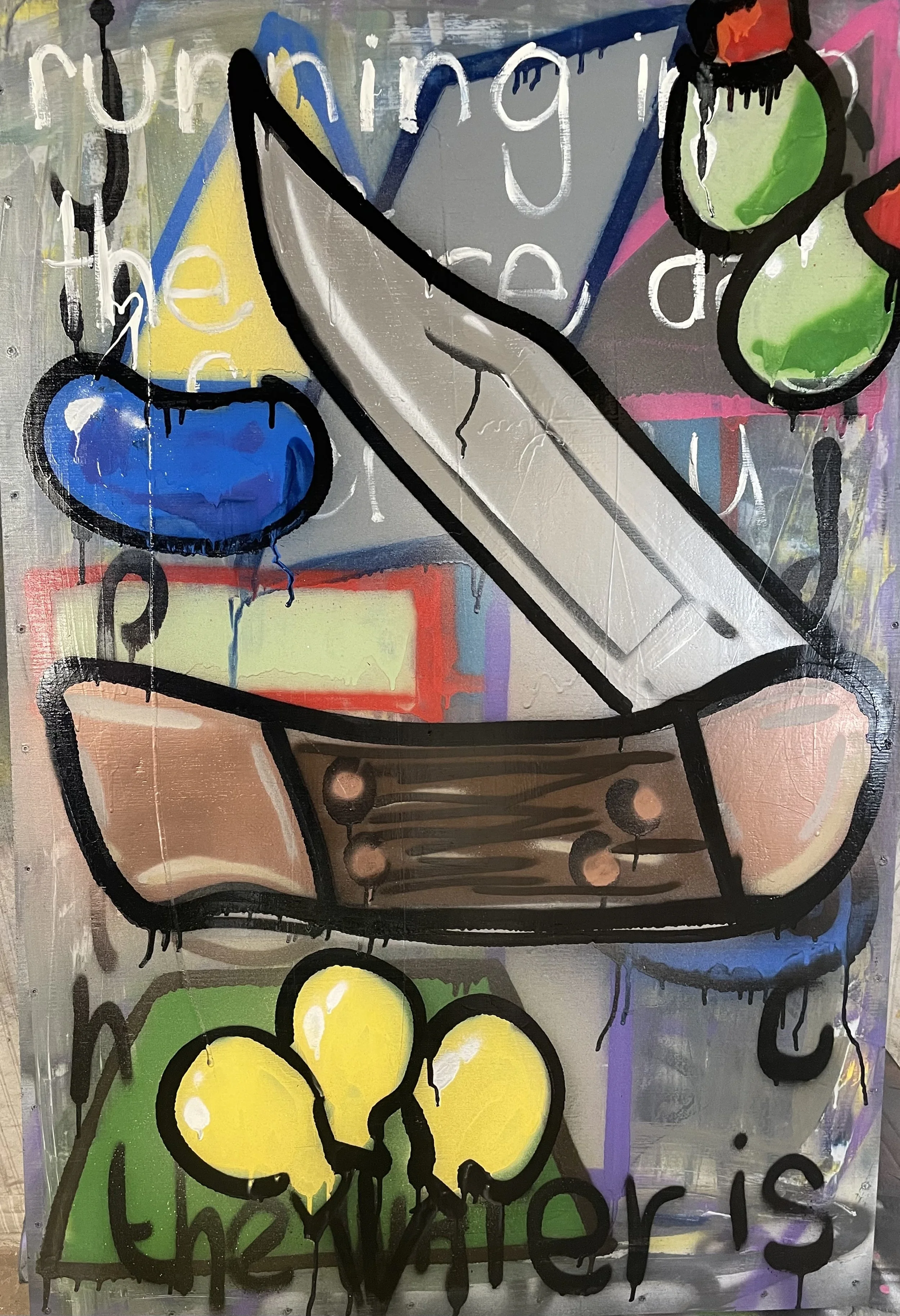 COLLECTED
blue lima bean. green olives. yellow balloons. buck knife
32" x 48" paint on wood panel