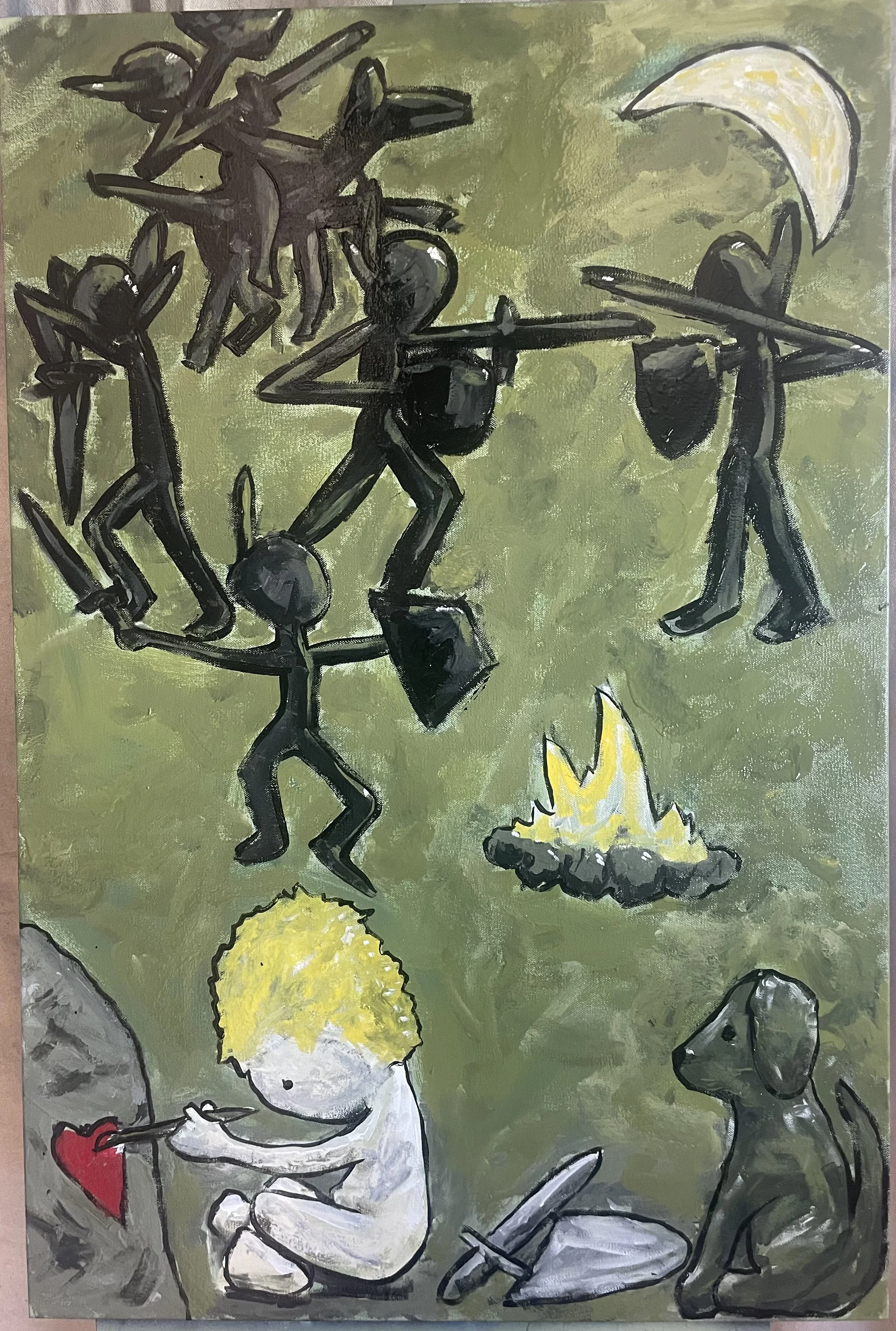 AVAILABLE
reluctant warrior								36” x 24” painting on canvas… I wonder how many of us throughout history have gotten into fights and wars thinking we must, even though what we really want is peace and love and creativity. I feel like just being a 