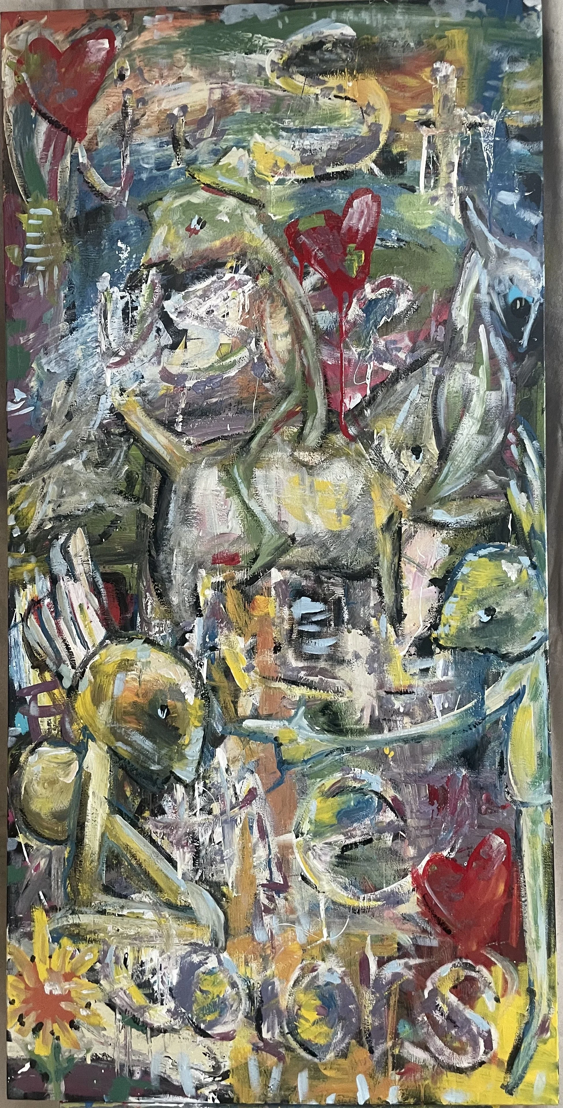 AVAILABLE
just use all the colors						24” x 48” paint on canvas… I heard somewhere you weren’t supposed to use all the colors when you paint, some artist said it like matter of factly. Basically fuck that. There are no clear rules and part of art is