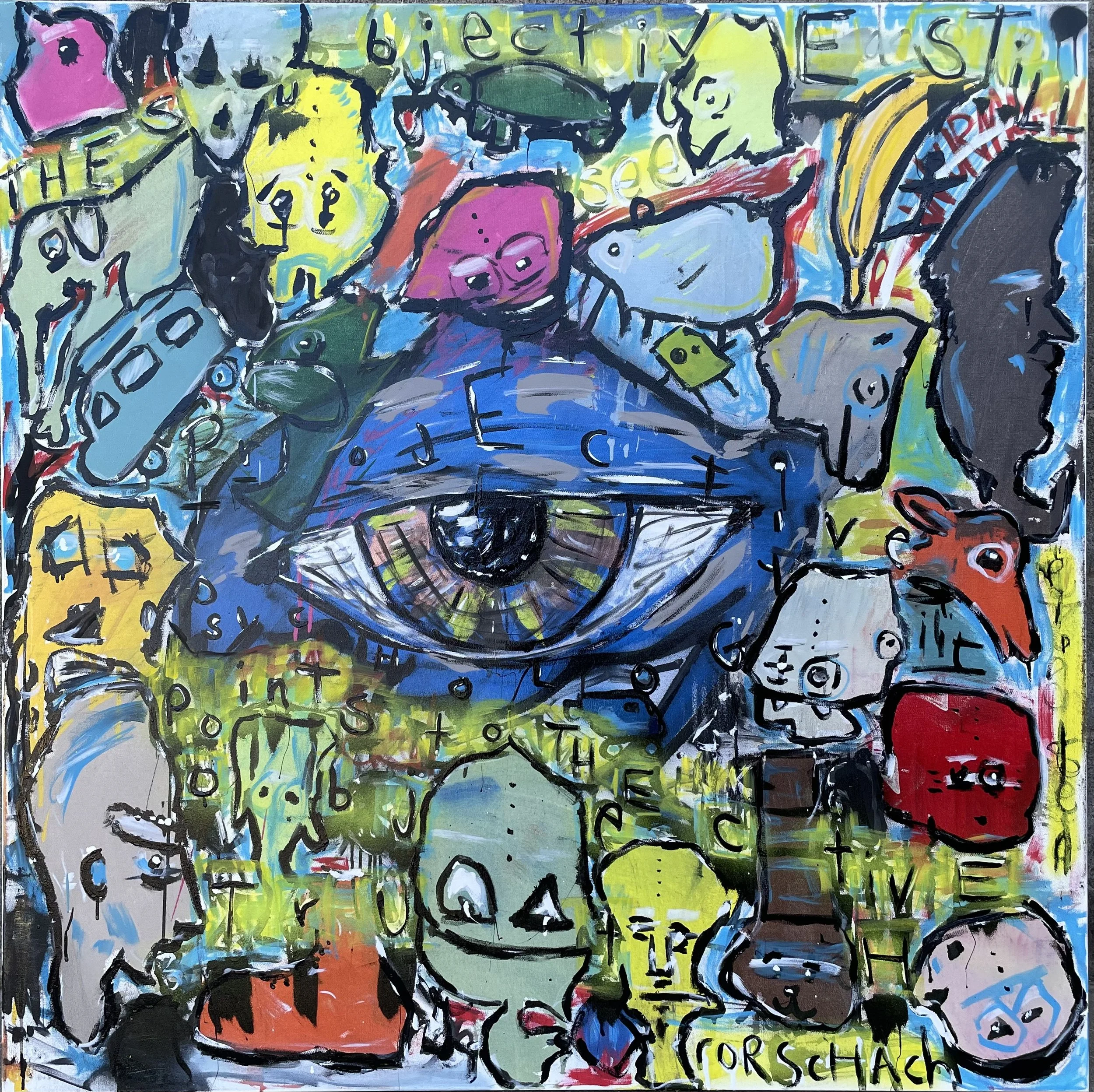 COLLECTED
ink blot 
48” x 48” painting on canvas…. The Rorschach test uses ink blots to allow a patient to freely see any subjective interpretation of the abstract images.. think cloud and finding an image of a turtle in it… ok what’s fascinating is 