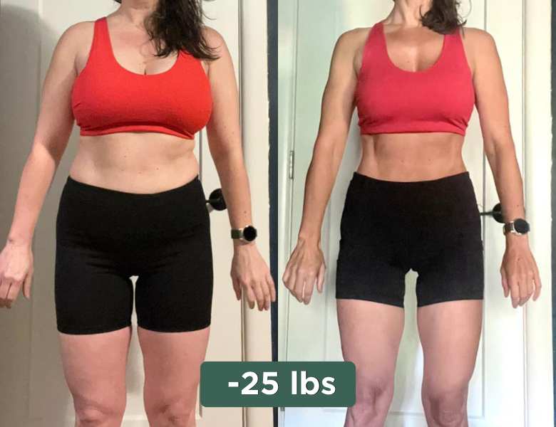 Side-by-side comparison of a woman before and after losing 25 pounds, wearing a red top and black shorts, showing visible weight loss.