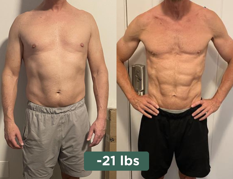 Comparison of a man in his 50s before and after losing 21 pounds, showcasing a dramatic fat loss transformation with visible abs in the after photo.