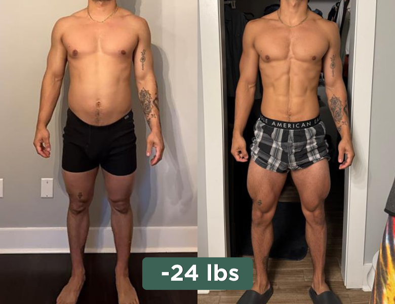 Side-by-side comparison of a man's body before and after losing 24 pounds. In the before picture, he has more body fat and is wearing black shorts. In the after picture, he has a leaner, more muscular physique and is wearing plaid shorts.