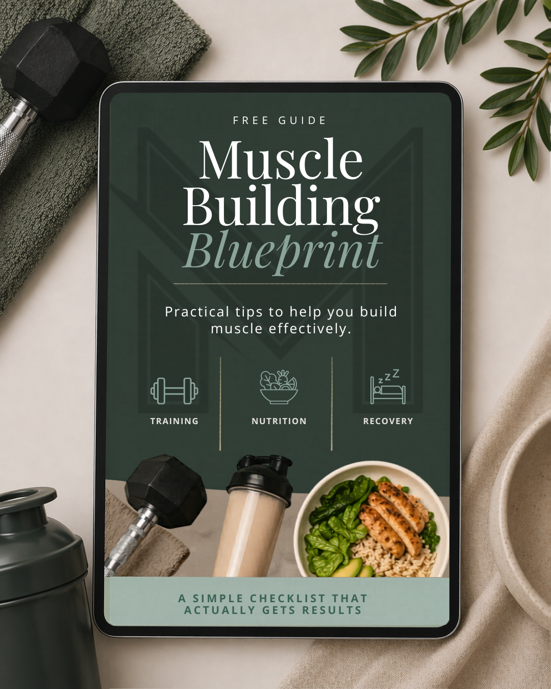 Tablet displaying a fitness guide titled 'Muscle Building Blueprint' with sections on training, nutrition, and recovery, surrounded by a dumbbell, water bottle, towel, and a bowl of salad on a light-colored surface with green leaves.