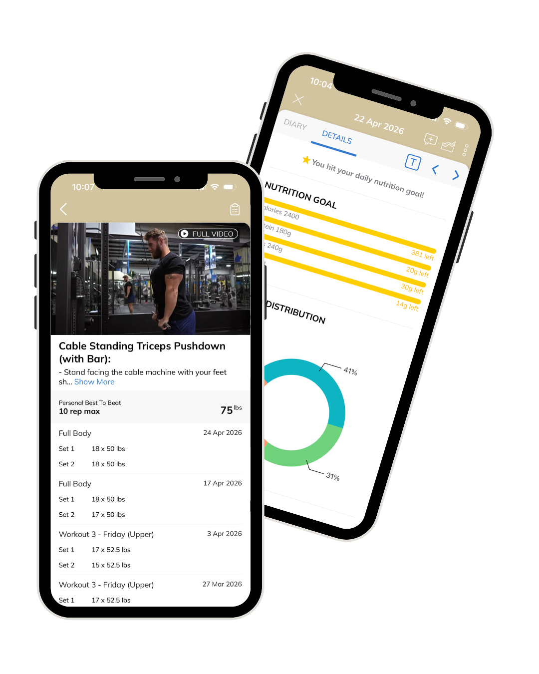 Screenshots of a fitness app on two phones. One shows a workout video for cable standing triceps pushdowns, with details like personal best, set, and reps. The other displays a nutrition tracking page with daily goals and consumption data, including calories, protein, and weight distribution.