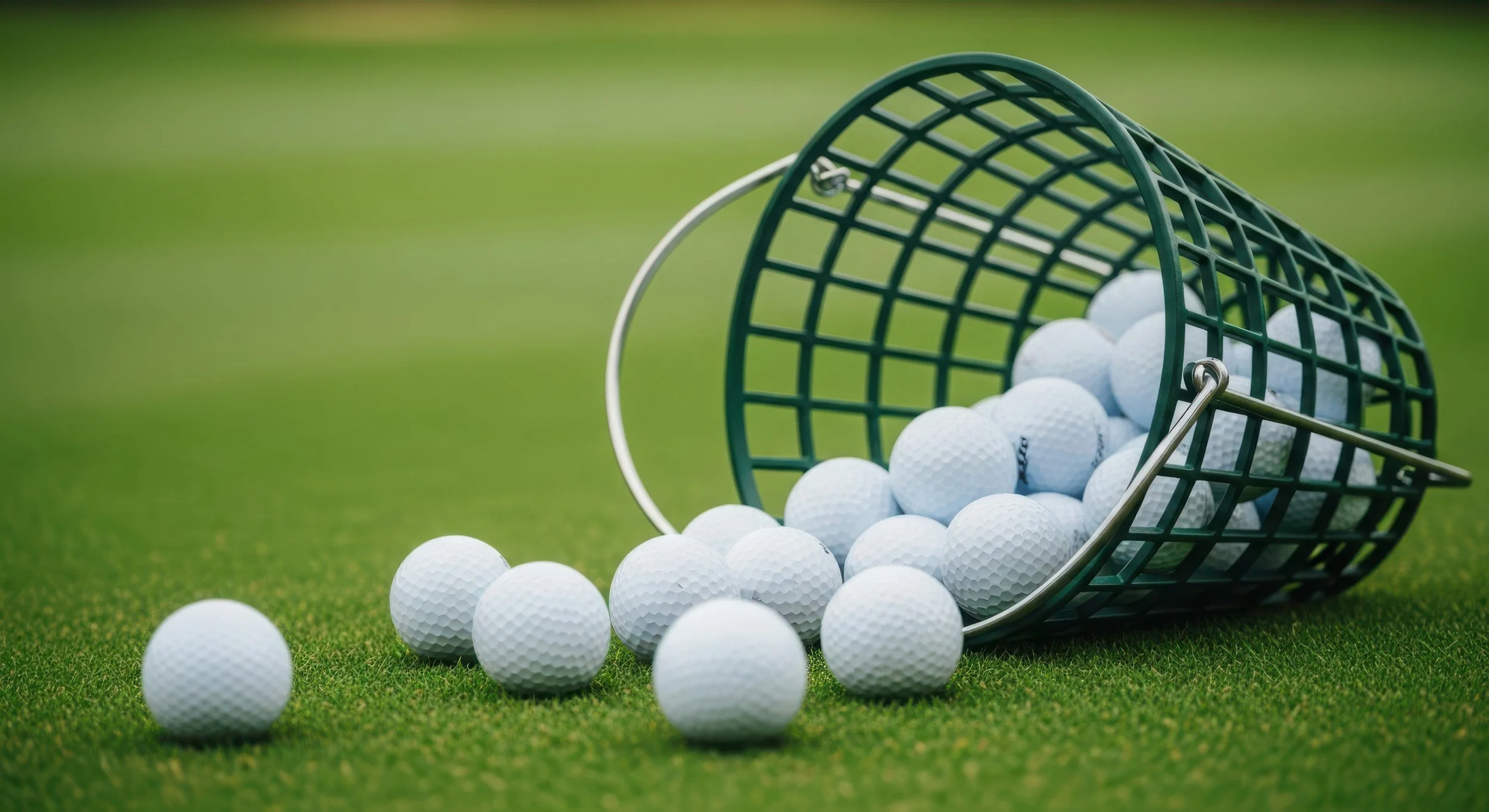 A green golf basket tipped over on a golf course with many white golf balls spilled out onto the grass.