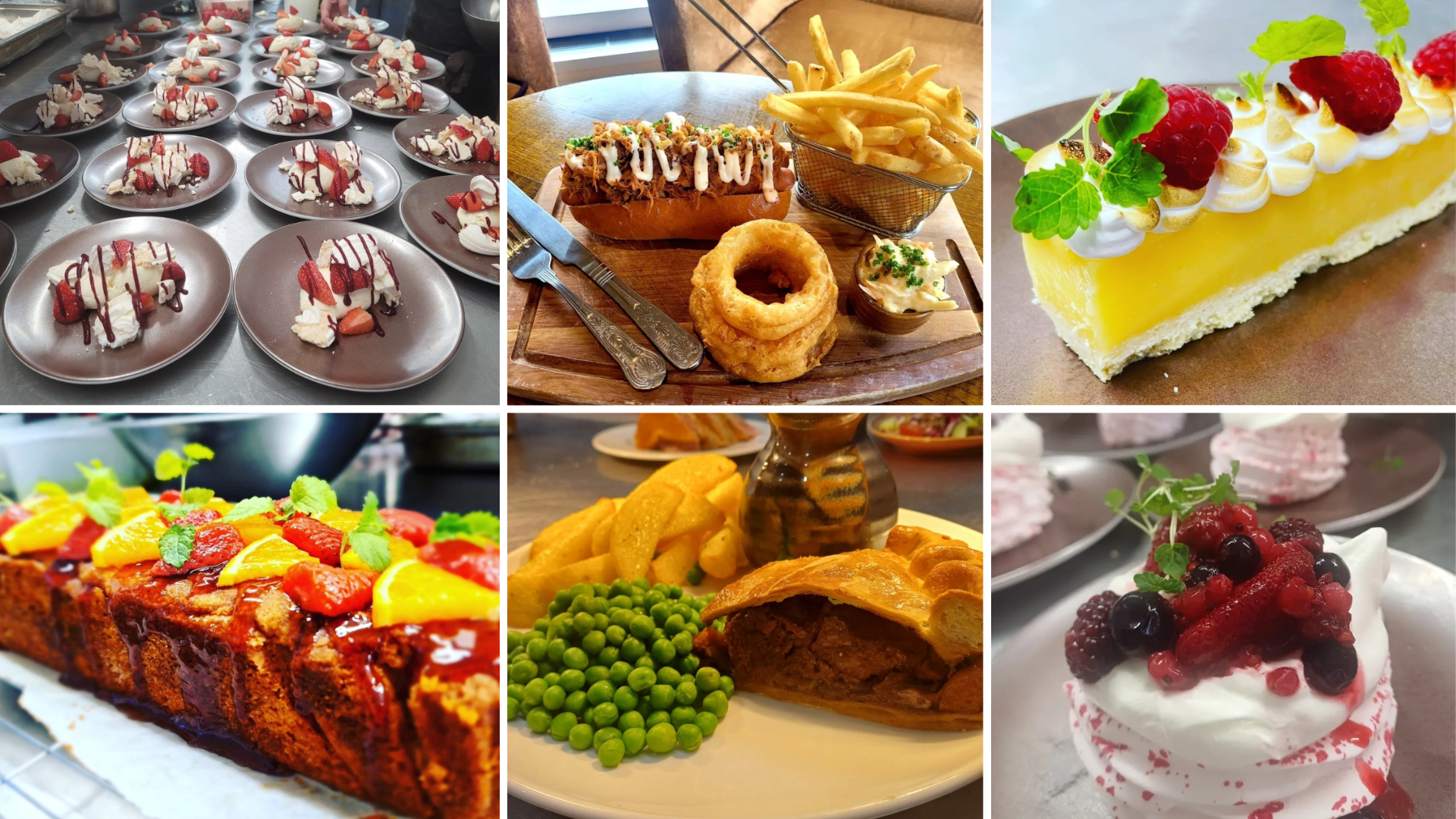A collage of various desserts and foods including plates of strawberries and whipped cream, a hot dog with fries, a slice of lemon cake with raspberries, a fruit-topped cake, a meat pie with peas, a plate of fried chicken and fries, and a berry-topped dessert with whipped cream.