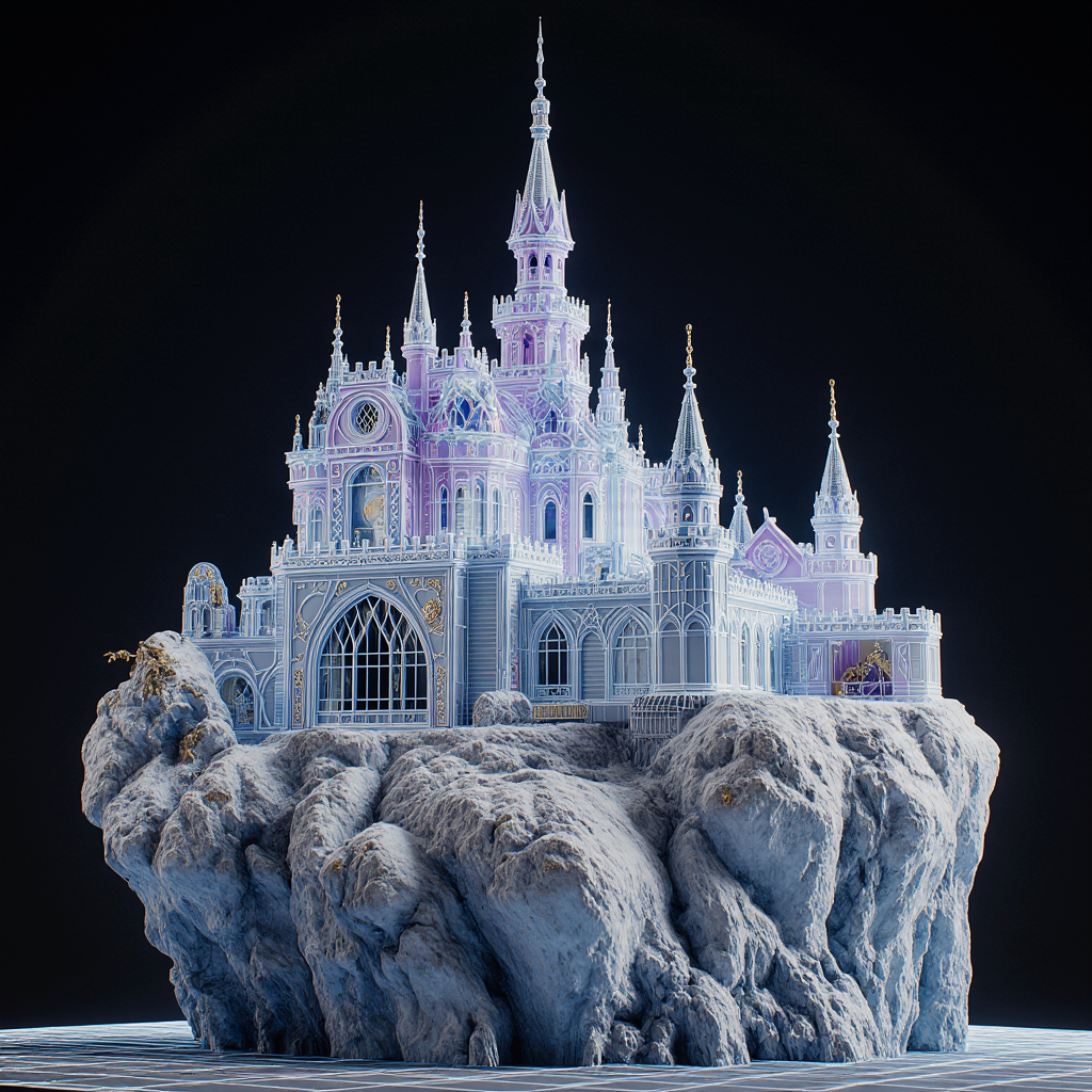 A detailed fantasy castle atop a rocky, icy base, illuminated with a soft purple glow against a dark background.
