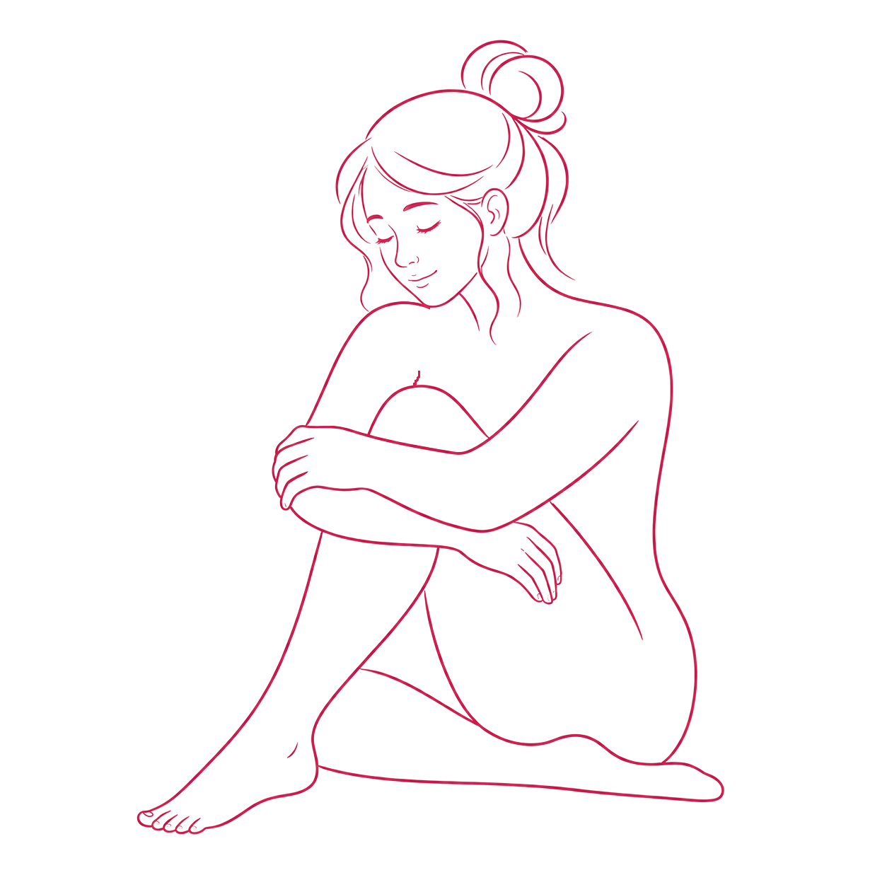 Illustratie van een vrouw die rustig en met mildheid bij zichzelf zit als symbool voor zelfacceptatie en verbinding met haar lichaam.
