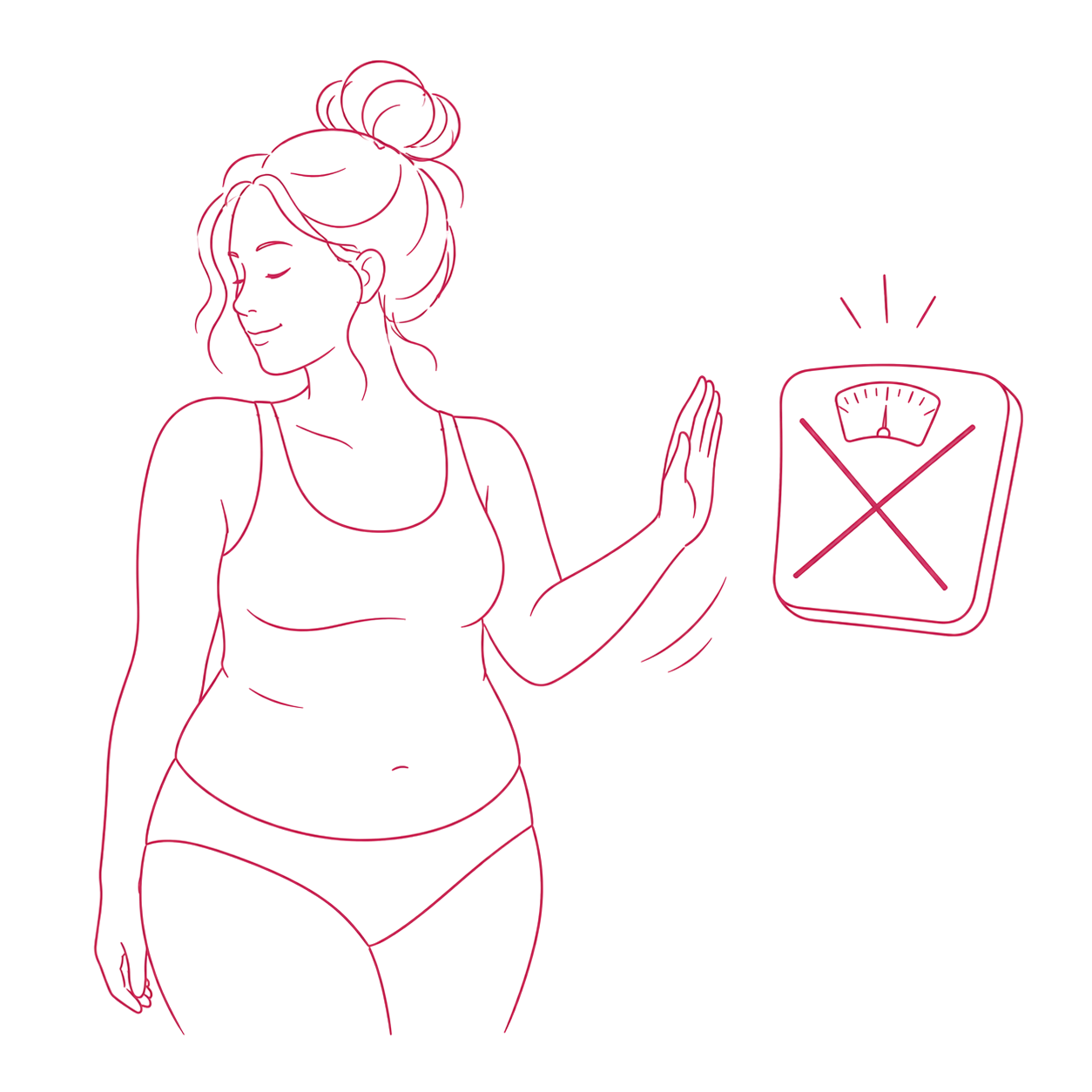 Illustratie van een vrouw die de weegschaal afwijst en kiest voor gezondheid en zelfzorg zonder focus op gewicht.